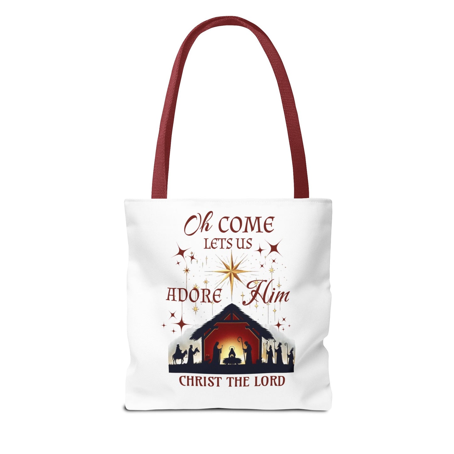 Nativity Scene Tote Bag with 'Oh come let us adore Him, Christ the Lord' Phrase