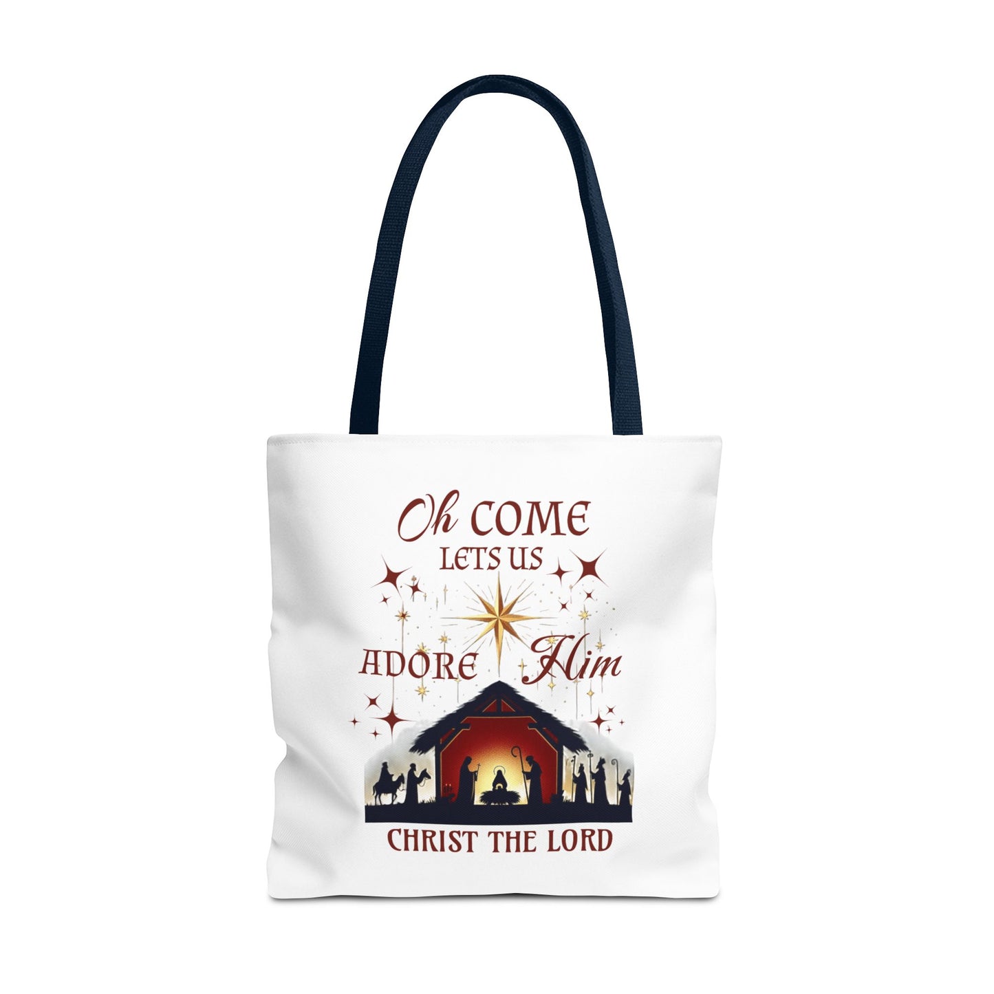 Nativity Scene Tote Bag with 'Oh come let us adore Him, Christ the Lord' Phrase