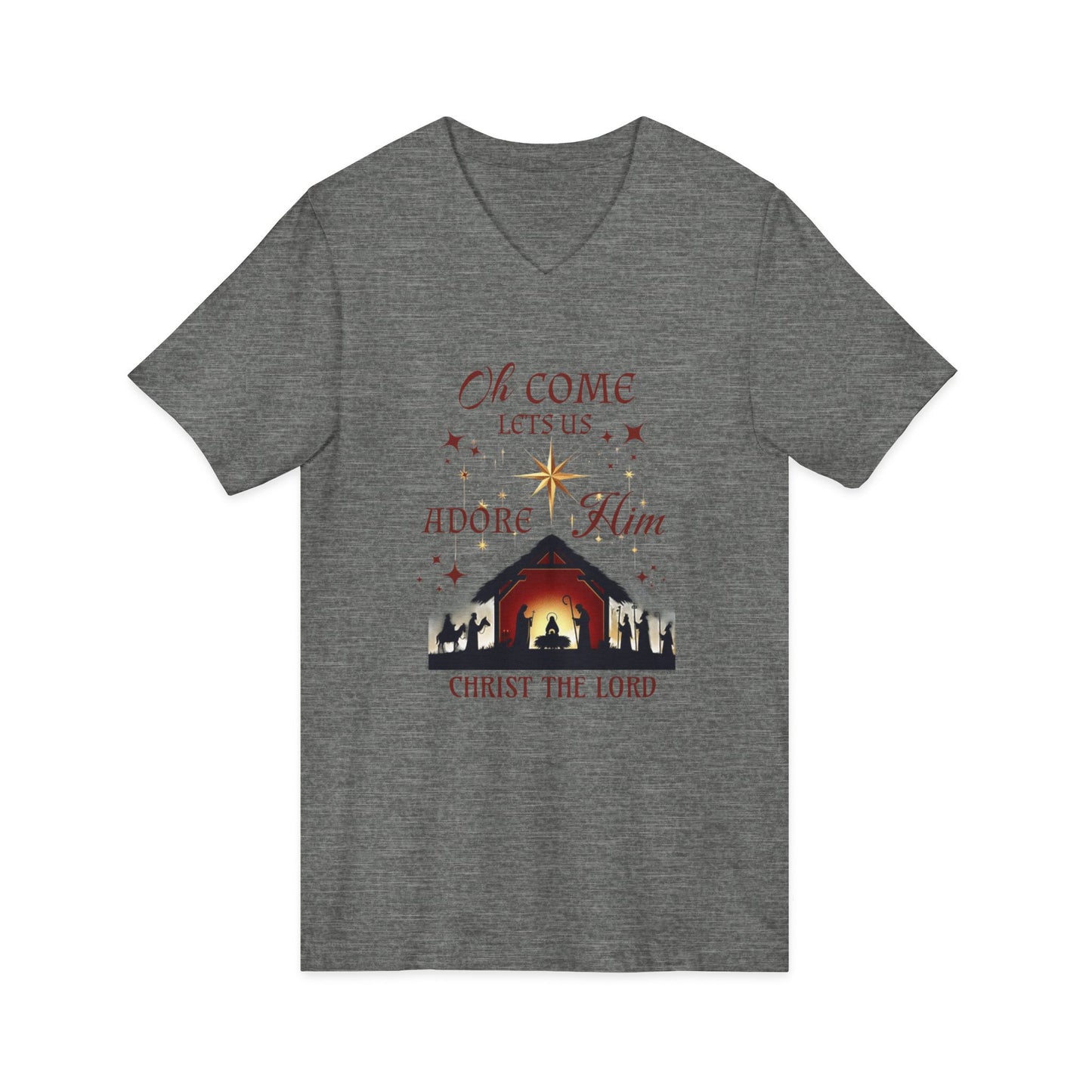 V-Neck Tee Nativity Scene 'Oh come let us adore Him, Christ the Lord'