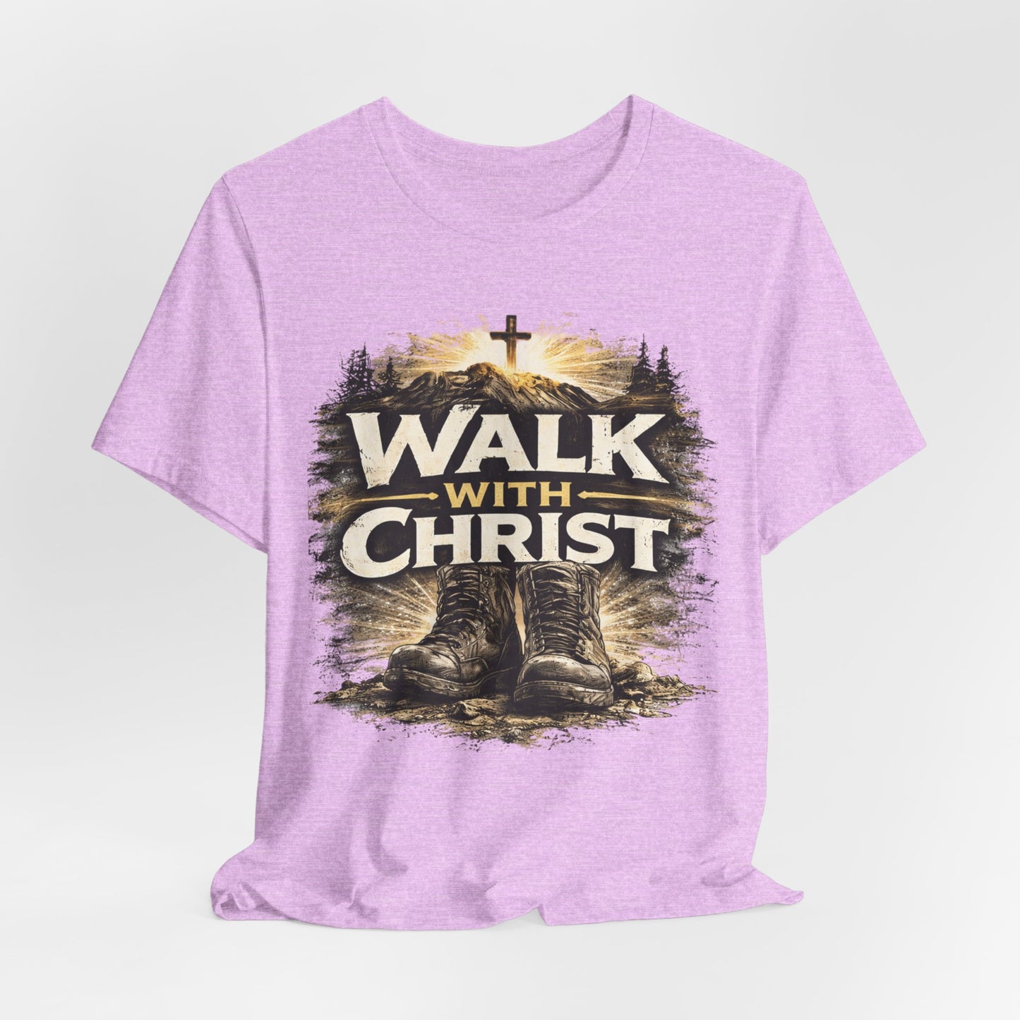 Walk With Christ T-Shirt — Christian Faith Tee with Boots & Cross Design