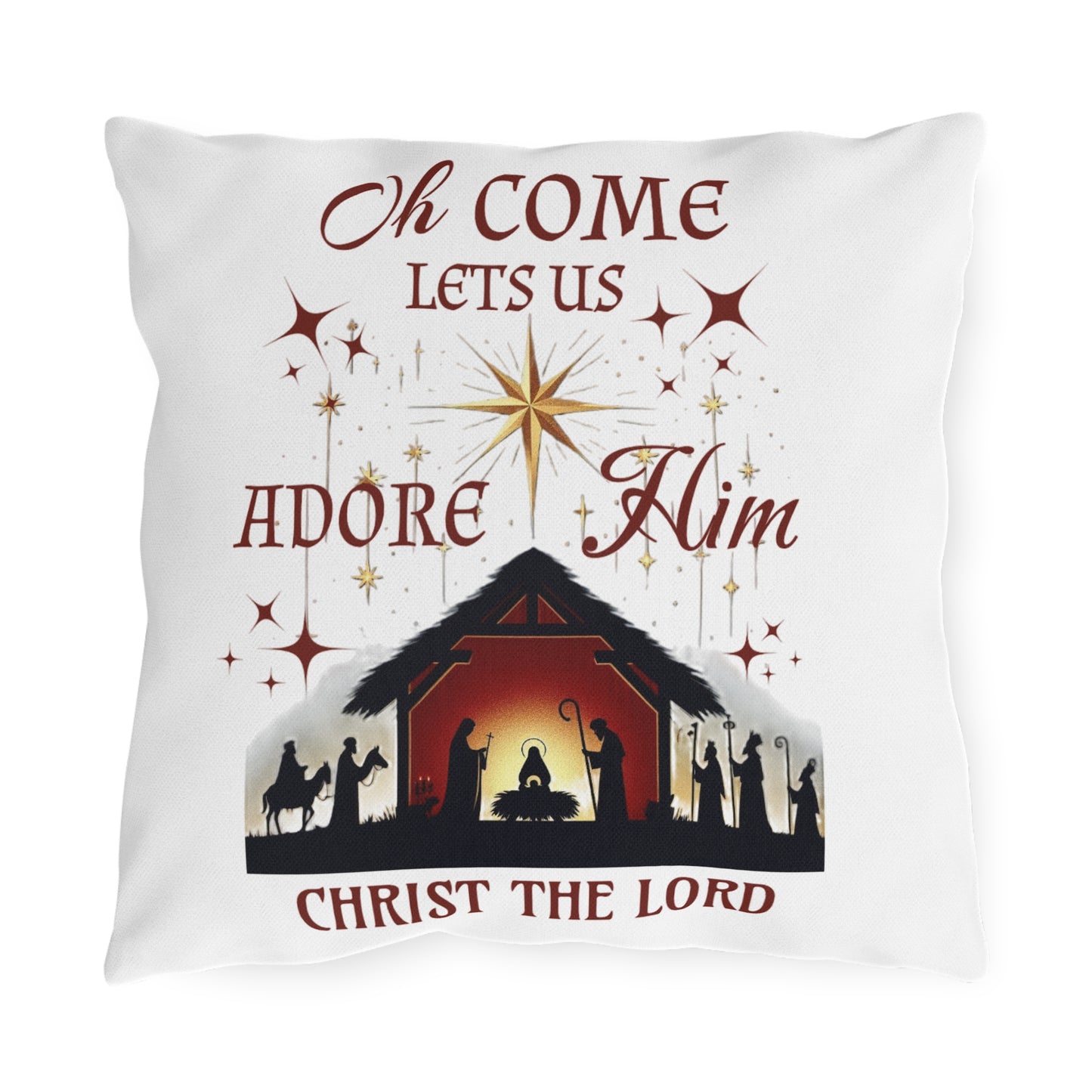 Outdoor Pillows - Nativity scene with 'Oh come let us adore Him, Christ the Lord'