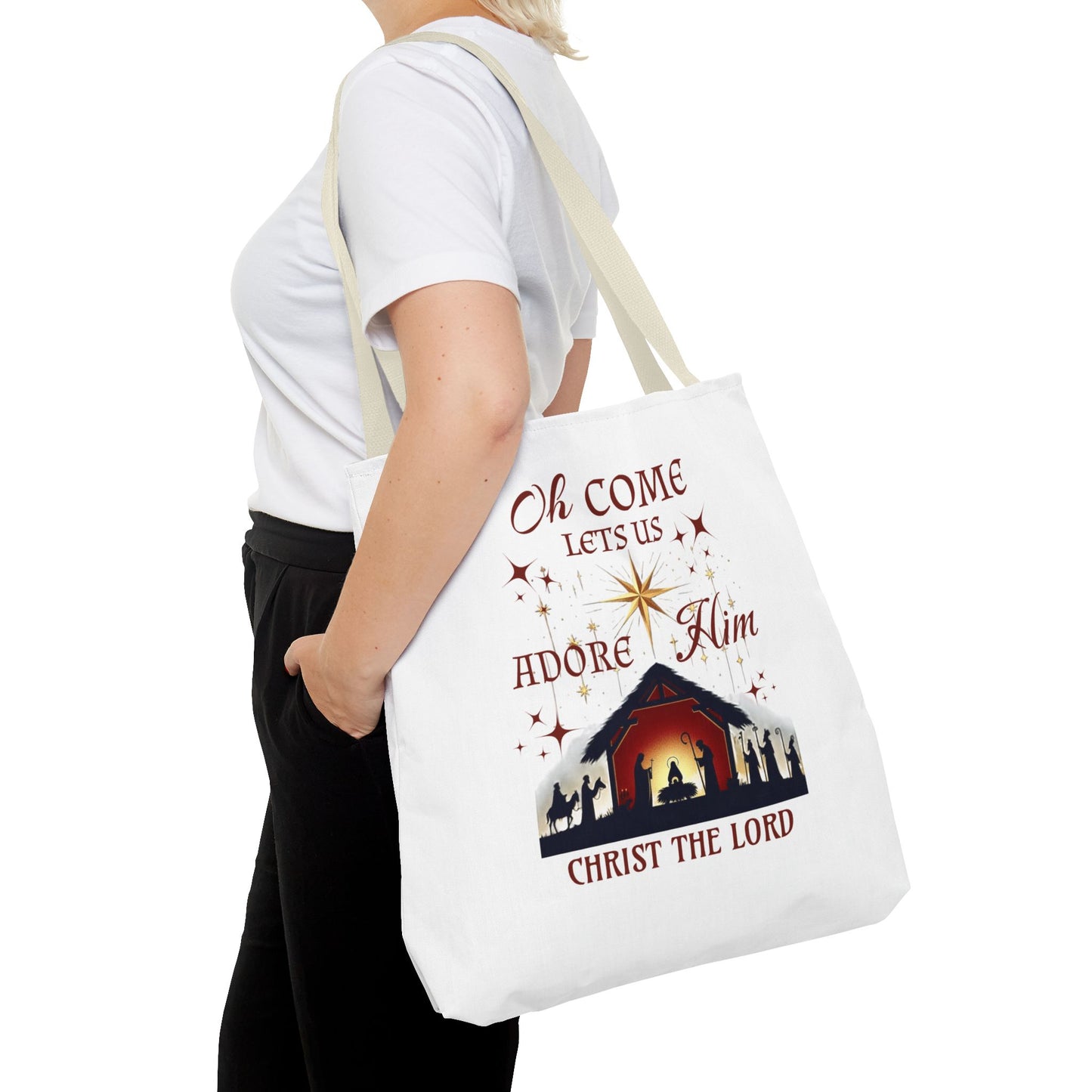 Nativity Scene Tote Bag with 'Oh come let us adore Him, Christ the Lord' Phrase
