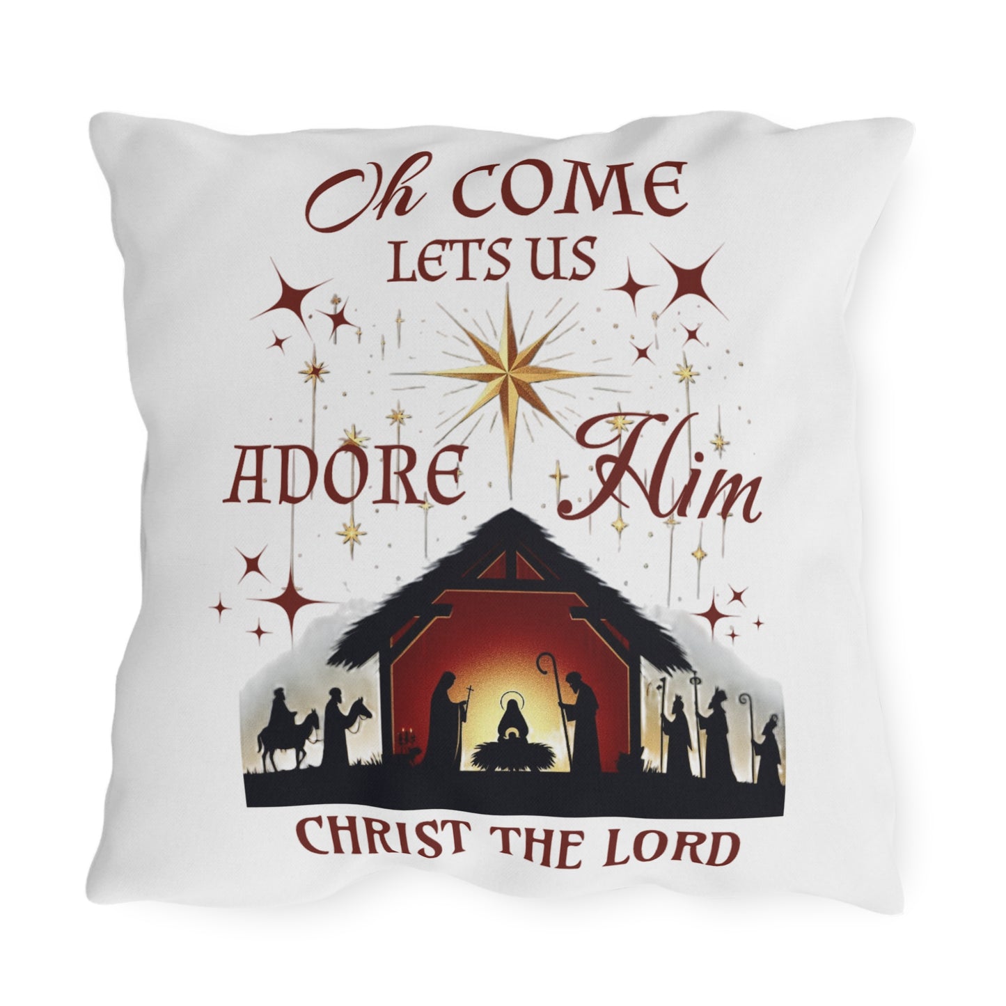 Outdoor Pillows - Nativity scene with 'Oh come let us adore Him, Christ the Lord'