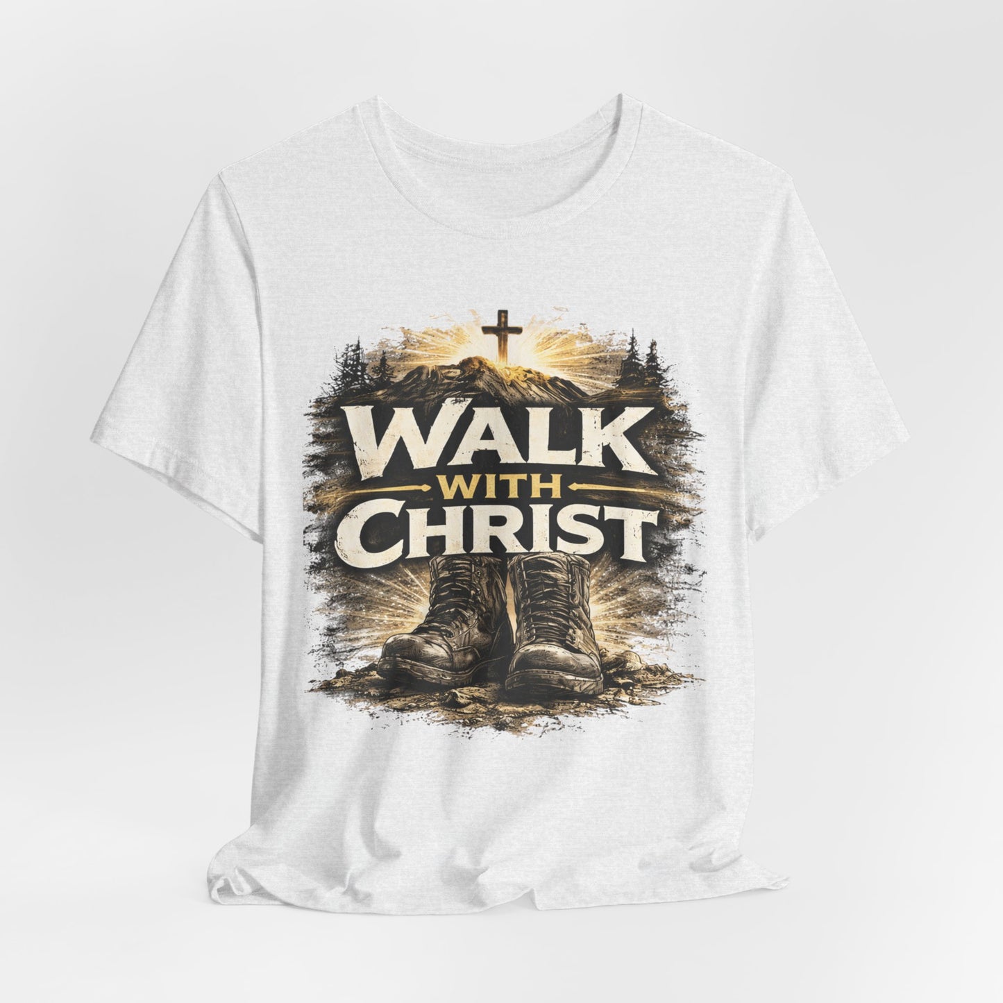 Walk With Christ T-Shirt — Christian Faith Tee with Boots & Cross Design