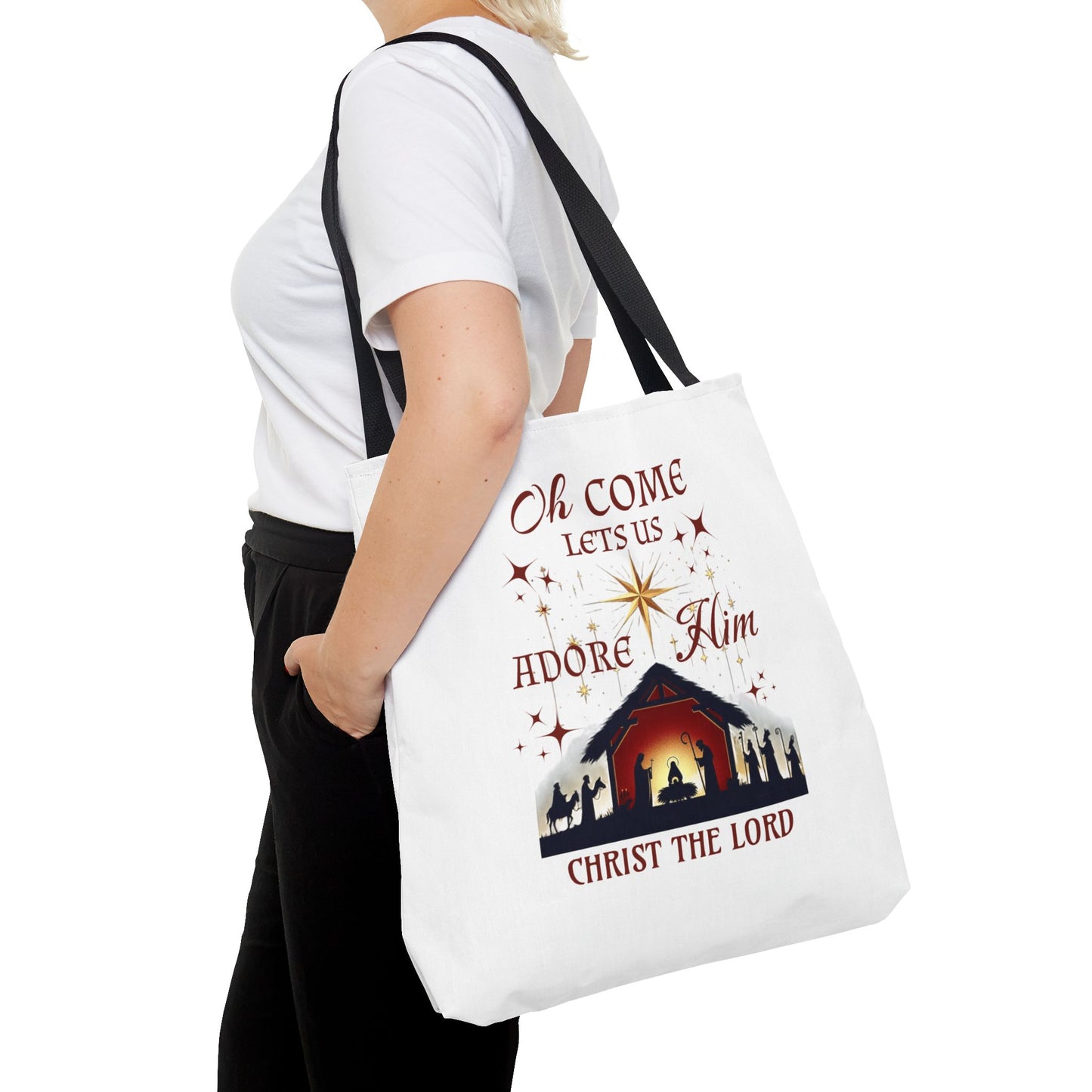 Nativity Scene Tote Bag with 'Oh come let us adore Him, Christ the Lord' Phrase