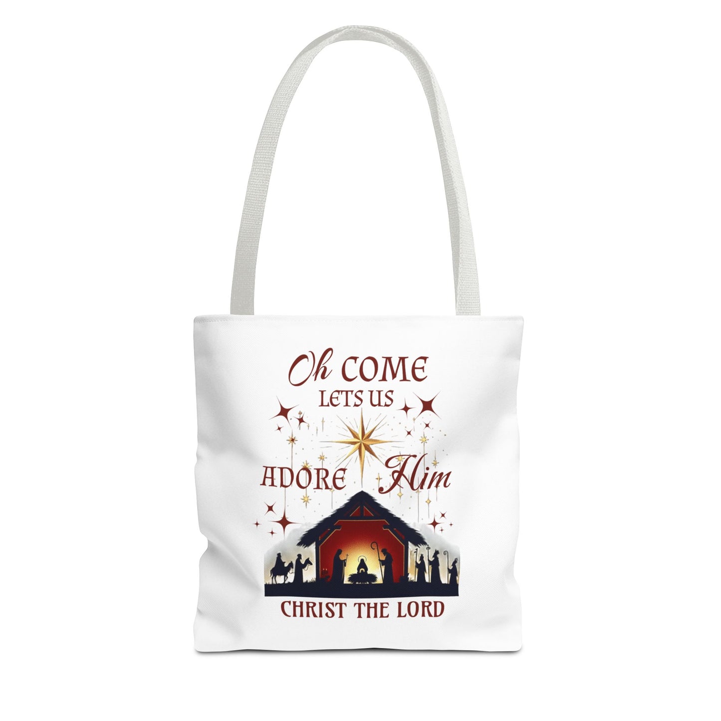 Nativity Scene Tote Bag with 'Oh come let us adore Him, Christ the Lord' Phrase
