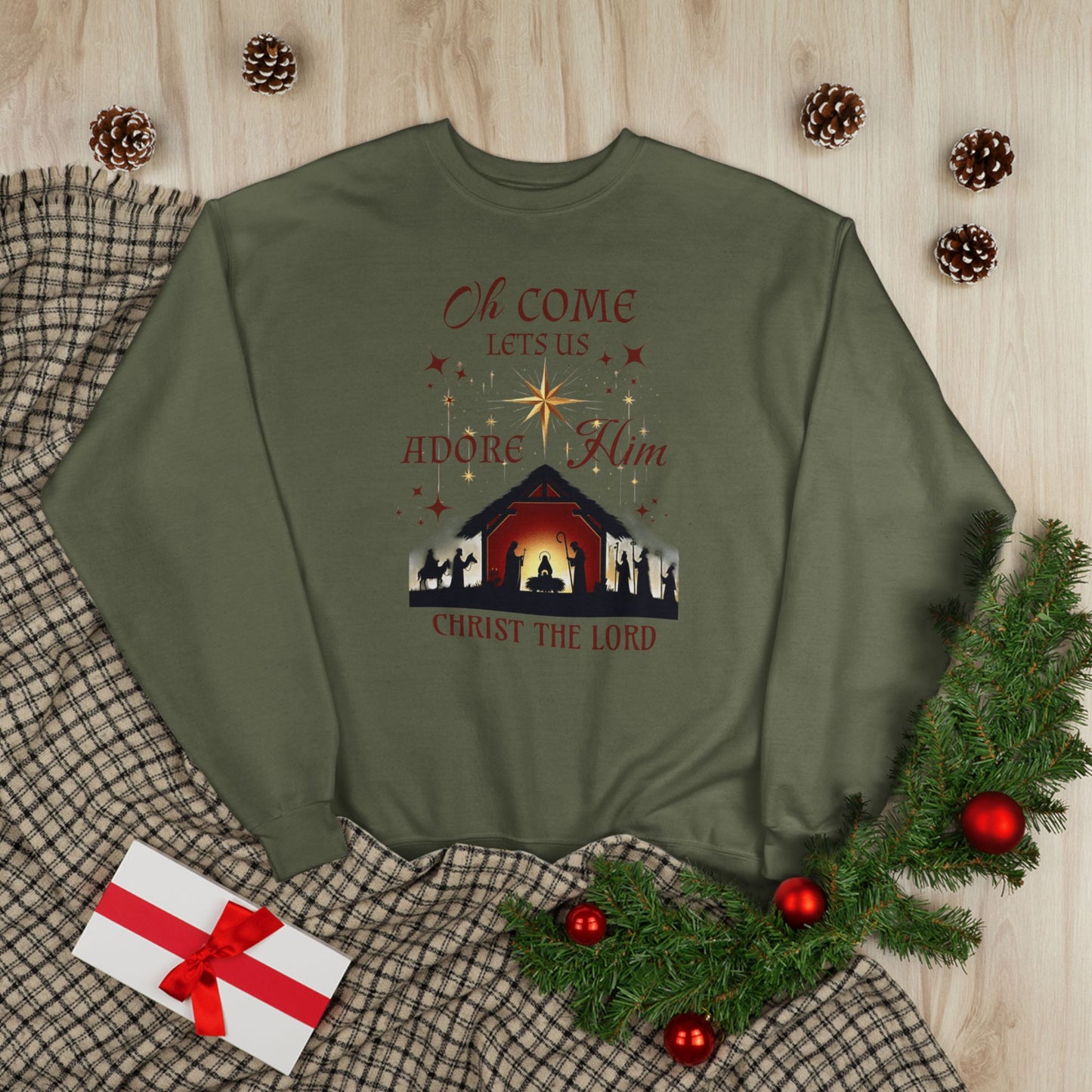 Christmas Nativity Unisex Sweatshirt with 'Oh come let us adore him, Christ the Lord' Design