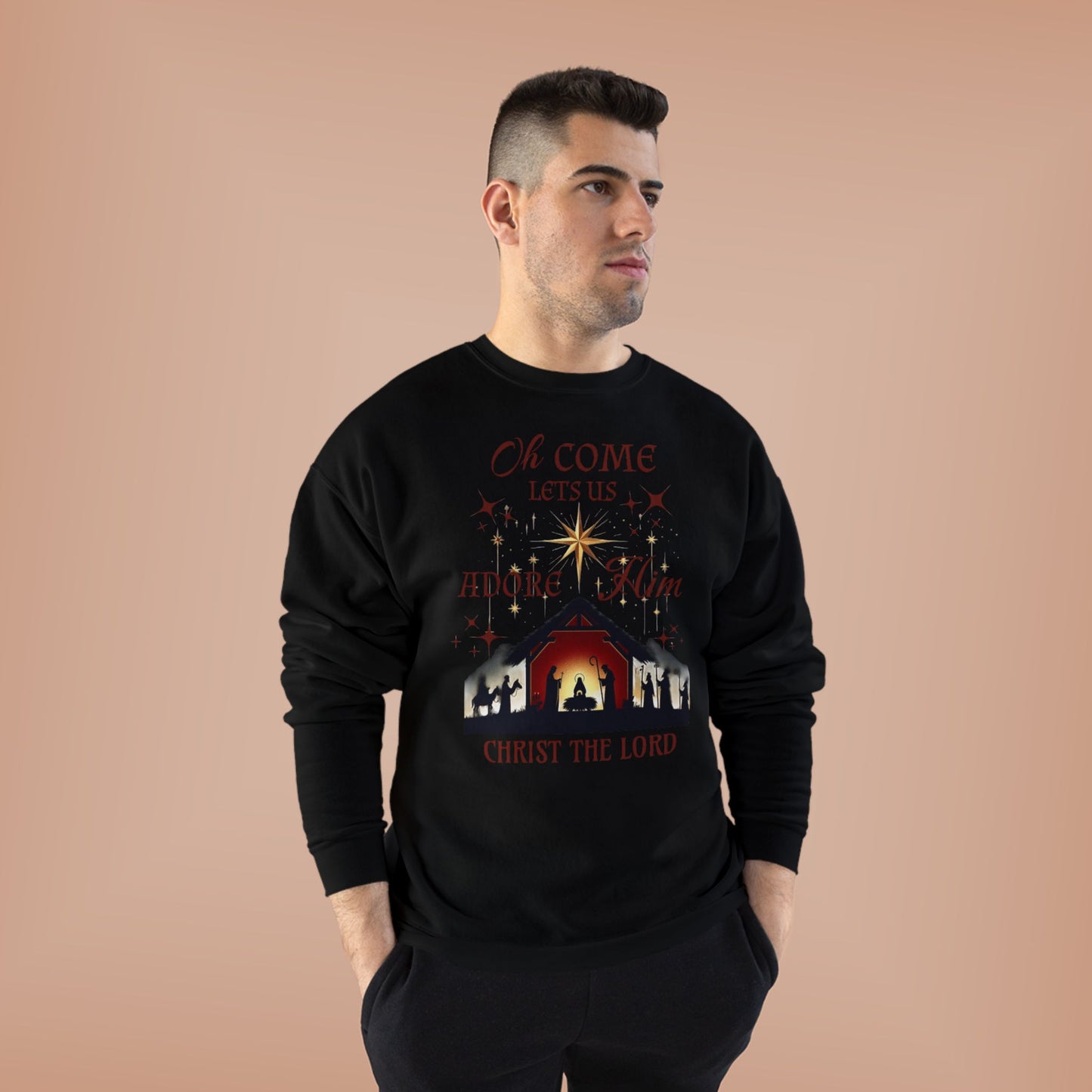 Christmas Nativity Unisex Sweatshirt with 'Oh come let us adore him, Christ the Lord' Design