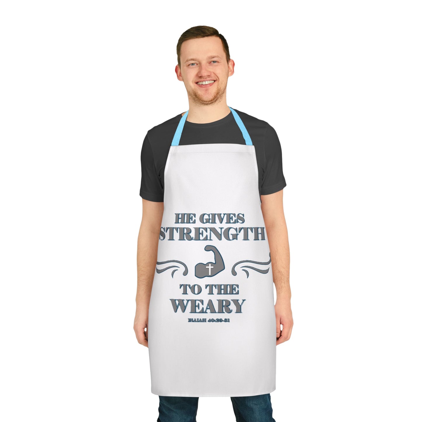 Apron, 5-Color Straps (AOP) Bible Verse Isaiah 40:29-31 'He gives Strength to the Weary'