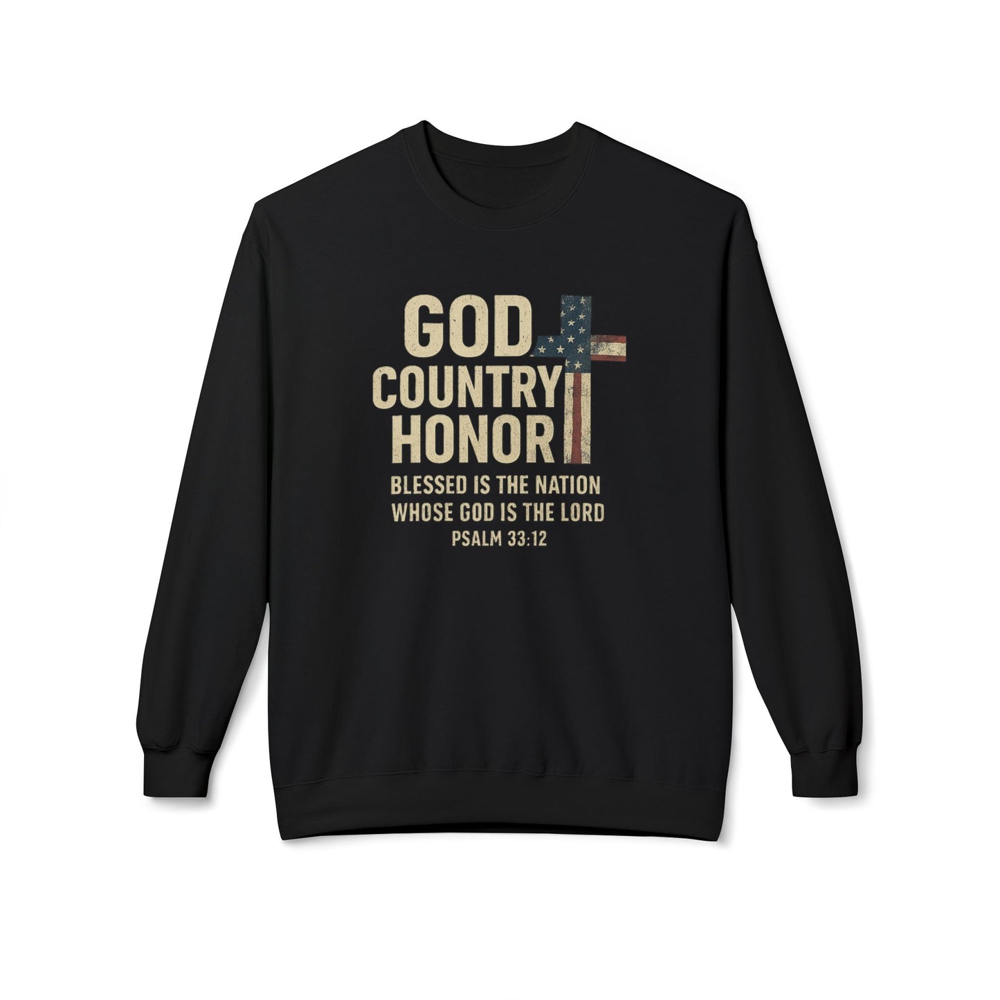 God, Country, Honor with American Flag Shaped Cross Sweatshirt -