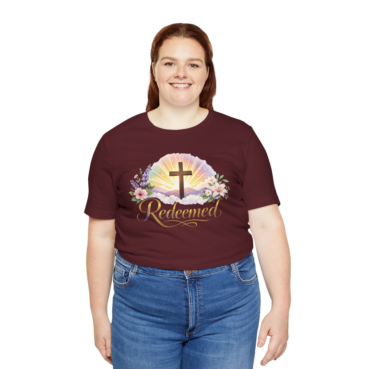 "Redeemed" Cross Floral T-Shirt — Christian Faith Tee