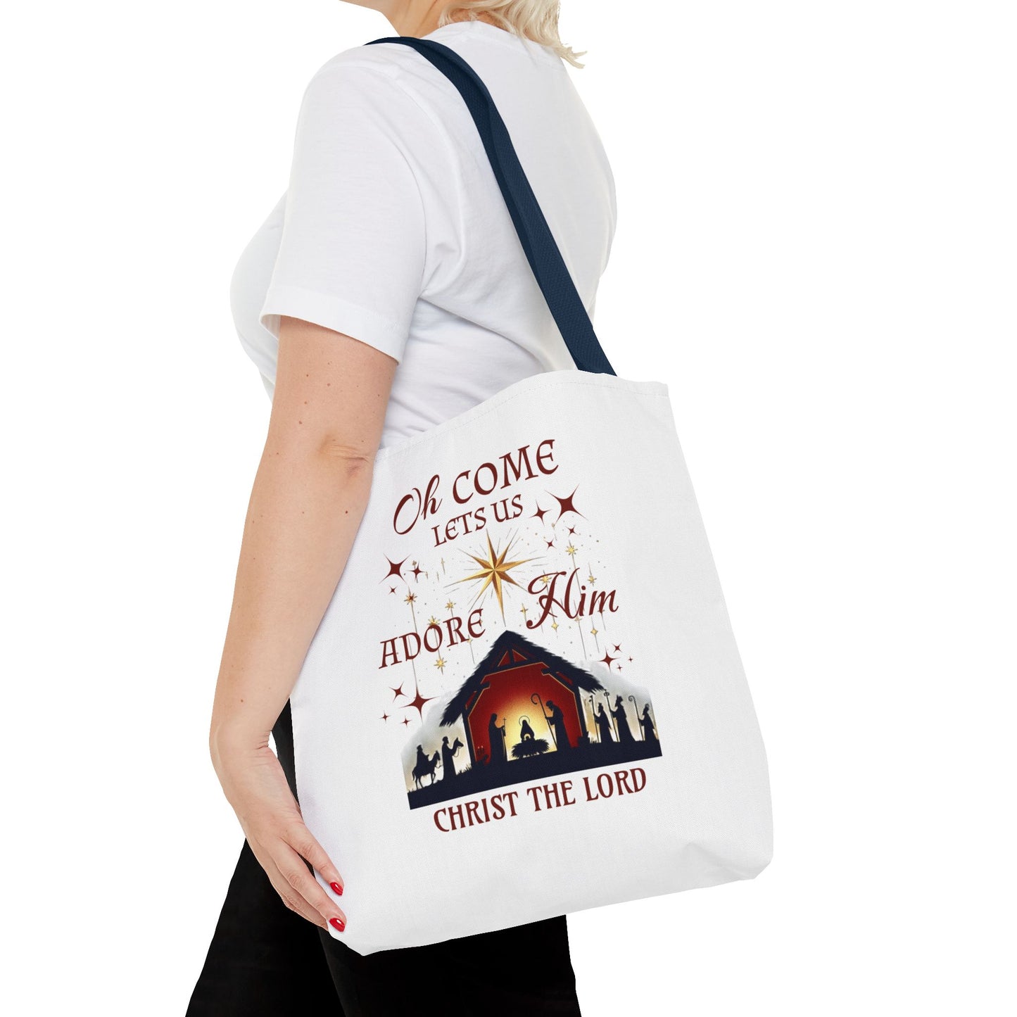 Nativity Scene Tote Bag with 'Oh come let us adore Him, Christ the Lord' Phrase