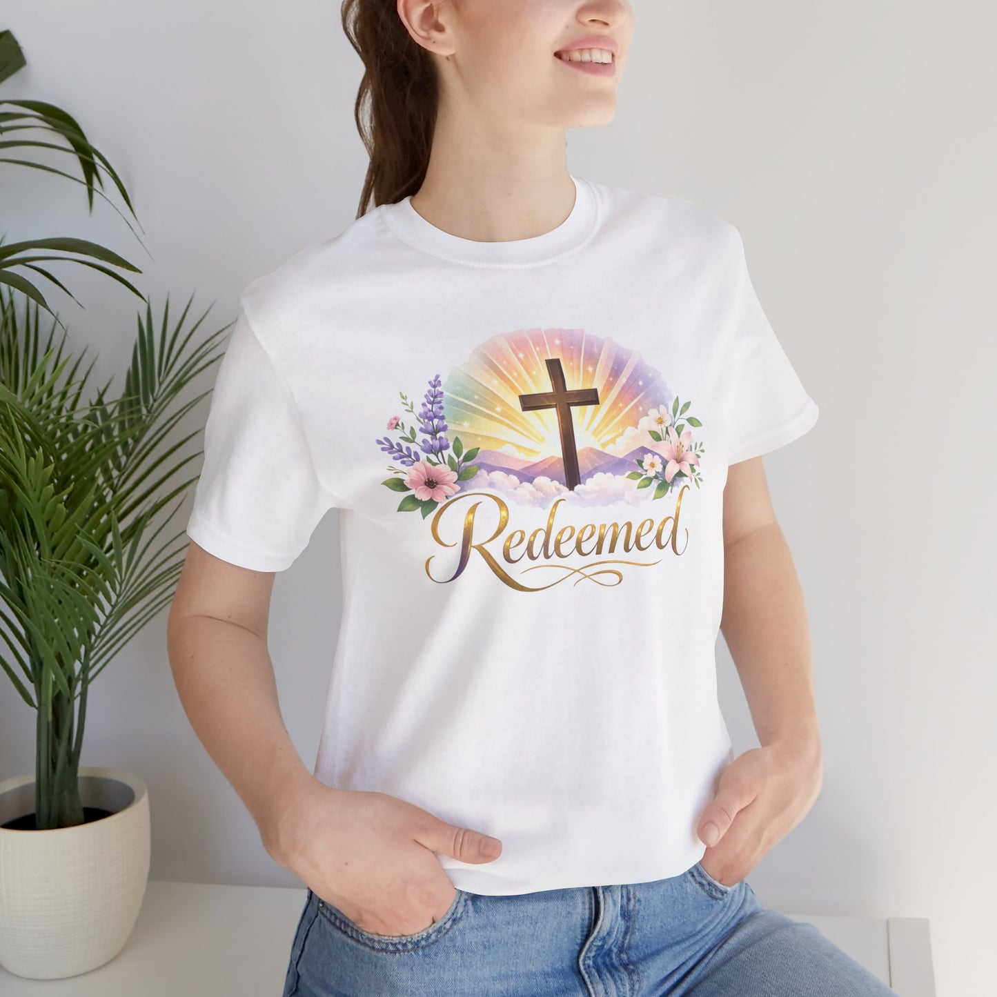 "Redeemed" Cross Floral T-Shirt — Christian Faith Tee