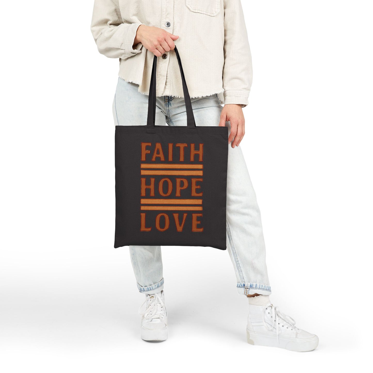 Faith Hope Love Cotton Canvas Tote Bag — Inspirational Quote Market Bag