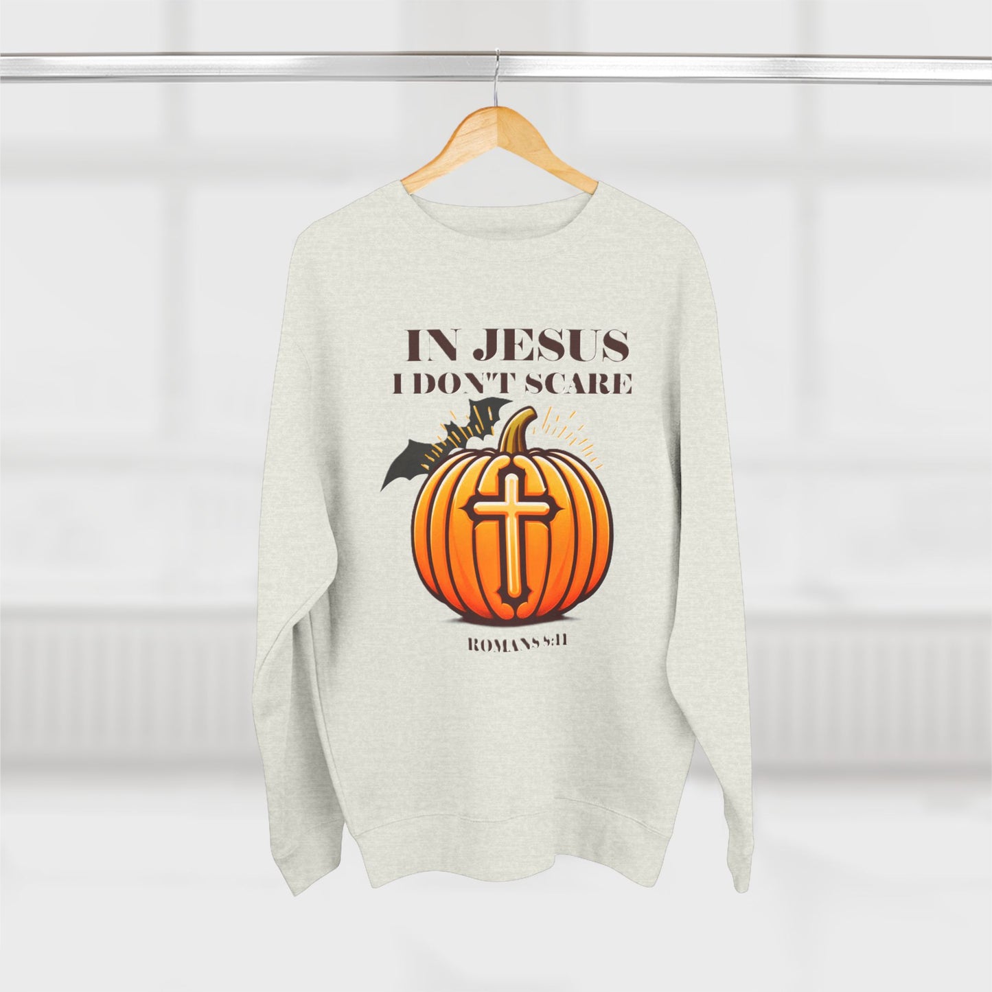 Christian Unisex Crewneck Sweatshirt with Bible Verse Romans 8:11 'IN JESUS I DON'T SCARE'