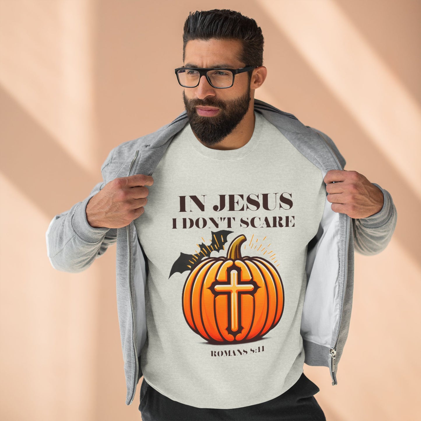 Christian Unisex Crewneck Sweatshirt with Bible Verse Romans 8:11 'IN JESUS I DON'T SCARE'