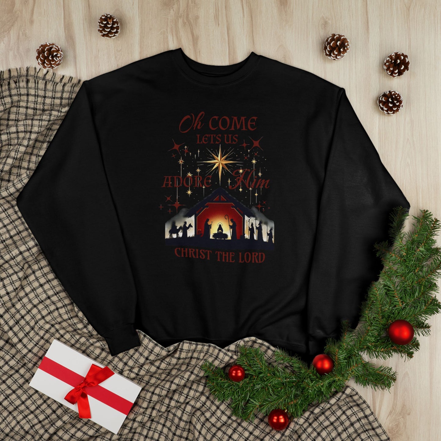 Christmas Nativity Unisex Sweatshirt with 'Oh come let us adore him, Christ the Lord' Design