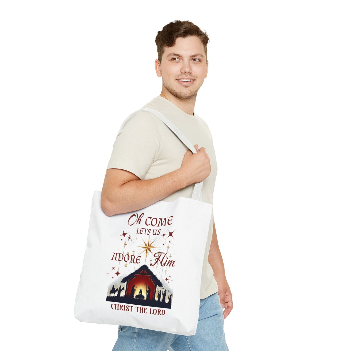 Nativity Scene Tote Bag with 'Oh come let us adore Him, Christ the Lord' Phrase