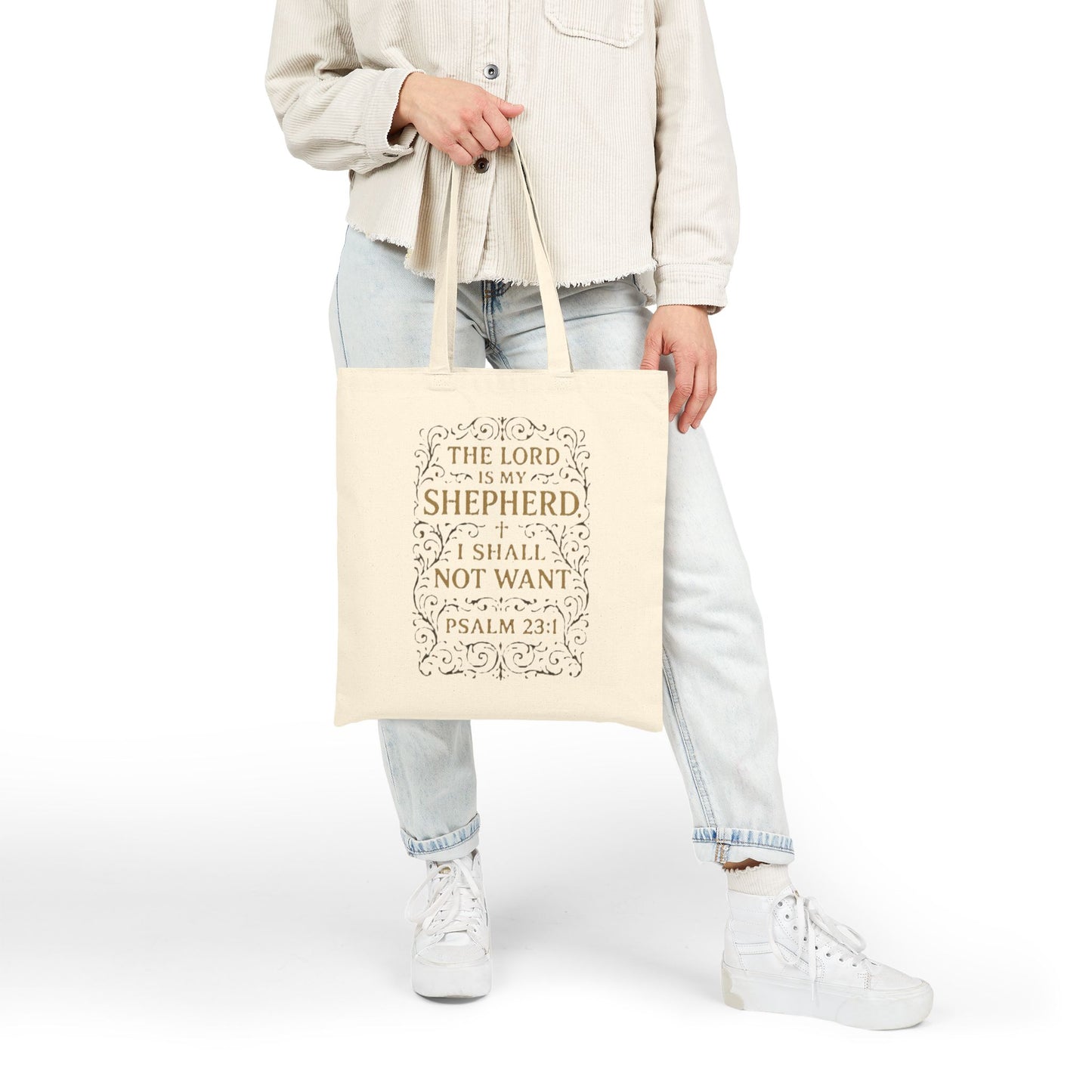 Psalm 23 Cotton Canvas Tote Bag — "The Lord Is My Shepherd" Bible Verse Tote