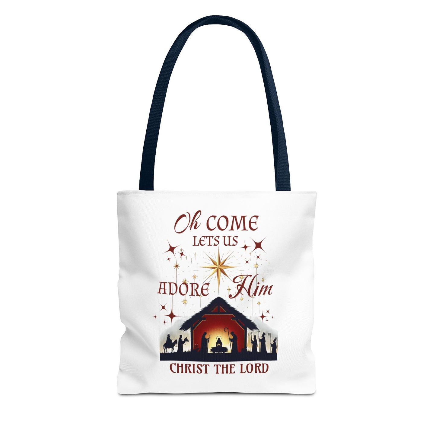 Nativity Scene Tote Bag with 'Oh come let us adore Him, Christ the Lord' Phrase
