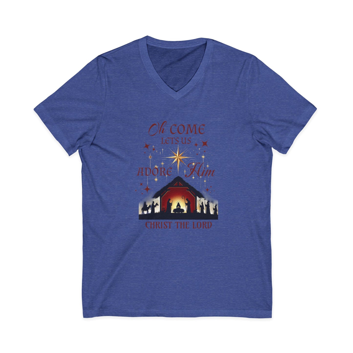 V-Neck Tee Nativity Scene 'Oh come let us adore Him, Christ the Lord'