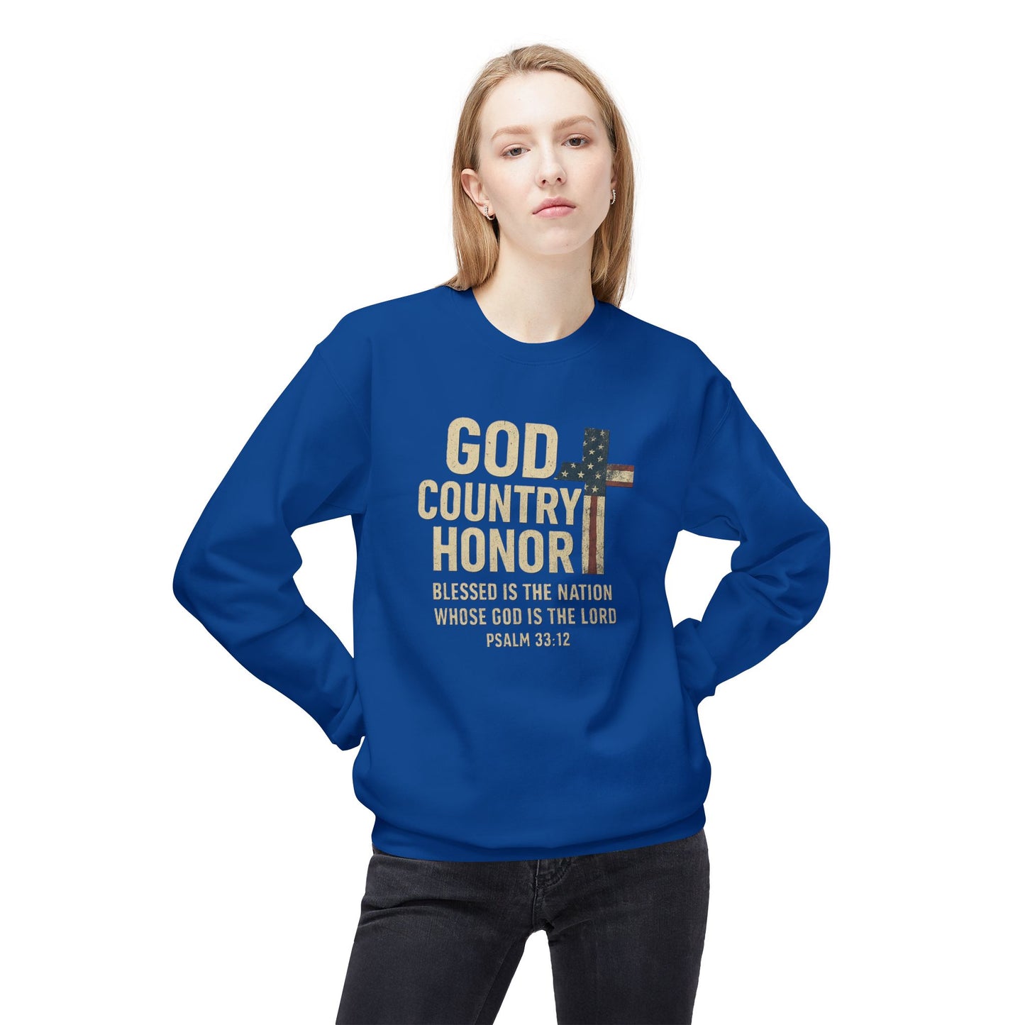 God, Country, Honor with American Flag Shaped Cross Sweatshirt -