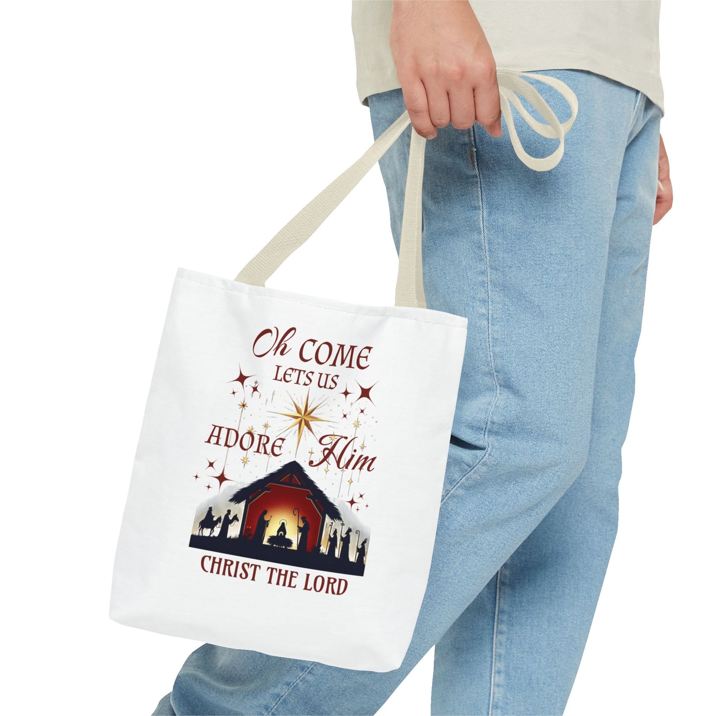 Nativity Scene Tote Bag with 'Oh come let us adore Him, Christ the Lord' Phrase