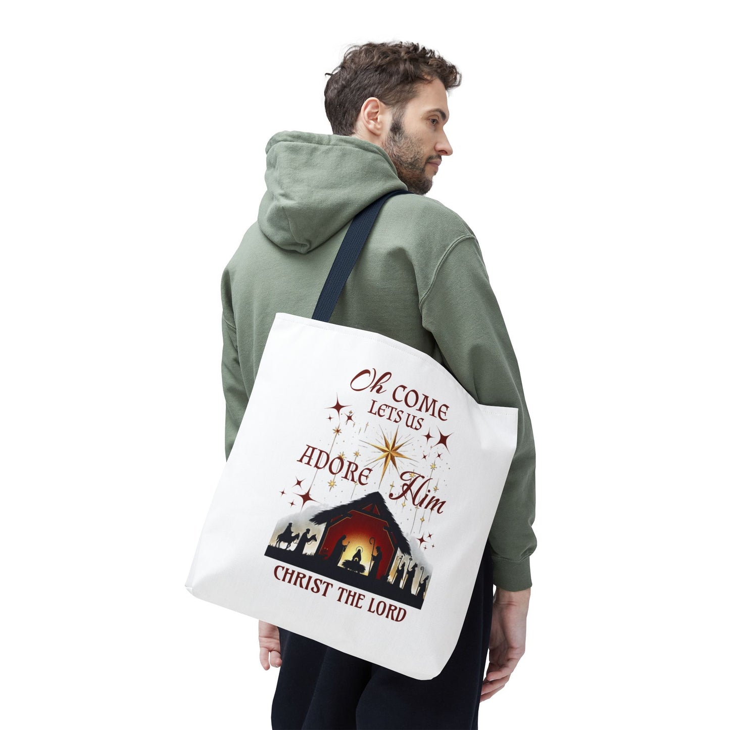 Nativity Scene Tote Bag with 'Oh come let us adore Him, Christ the Lord' Phrase