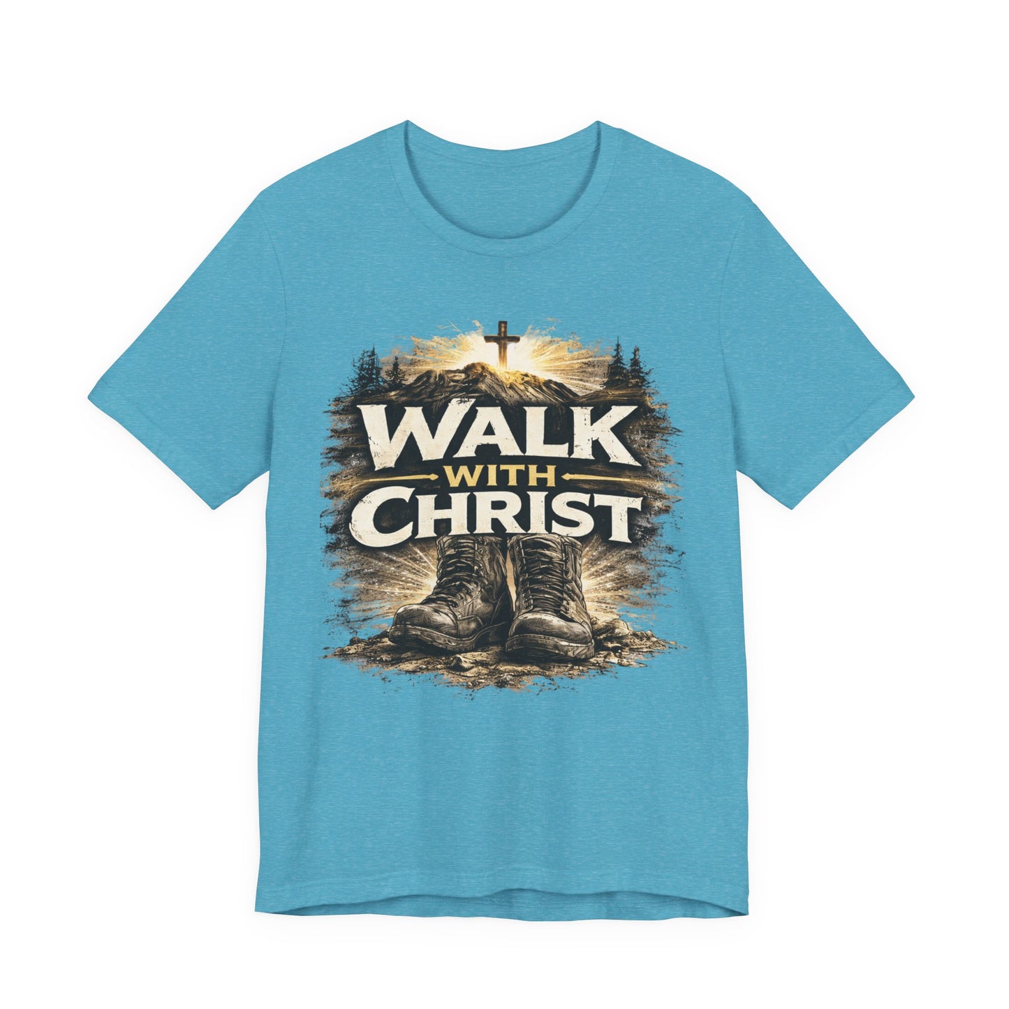 Walk With Christ T-Shirt — Christian Faith Tee with Boots & Cross Design