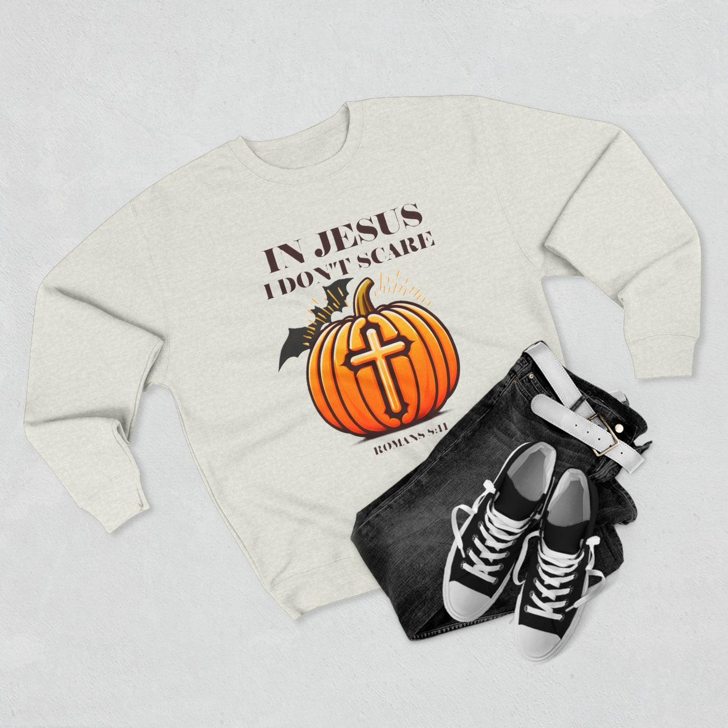 Christian Unisex Crewneck Sweatshirt with Bible Verse Romans 8:11 'IN JESUS I DON'T SCARE'