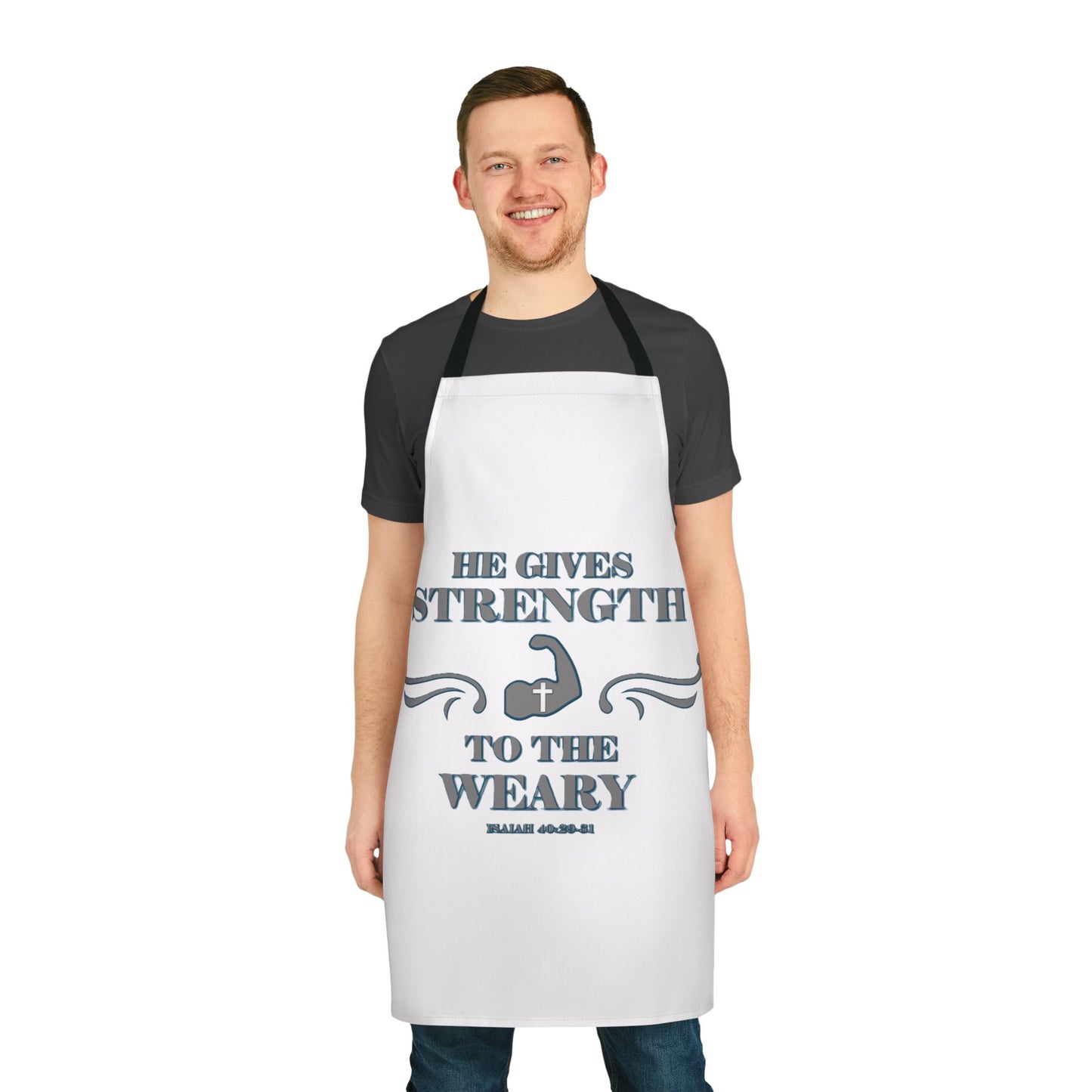 Apron, 5-Color Straps (AOP) Bible Verse Isaiah 40:29-31 'He gives Strength to the Weary'