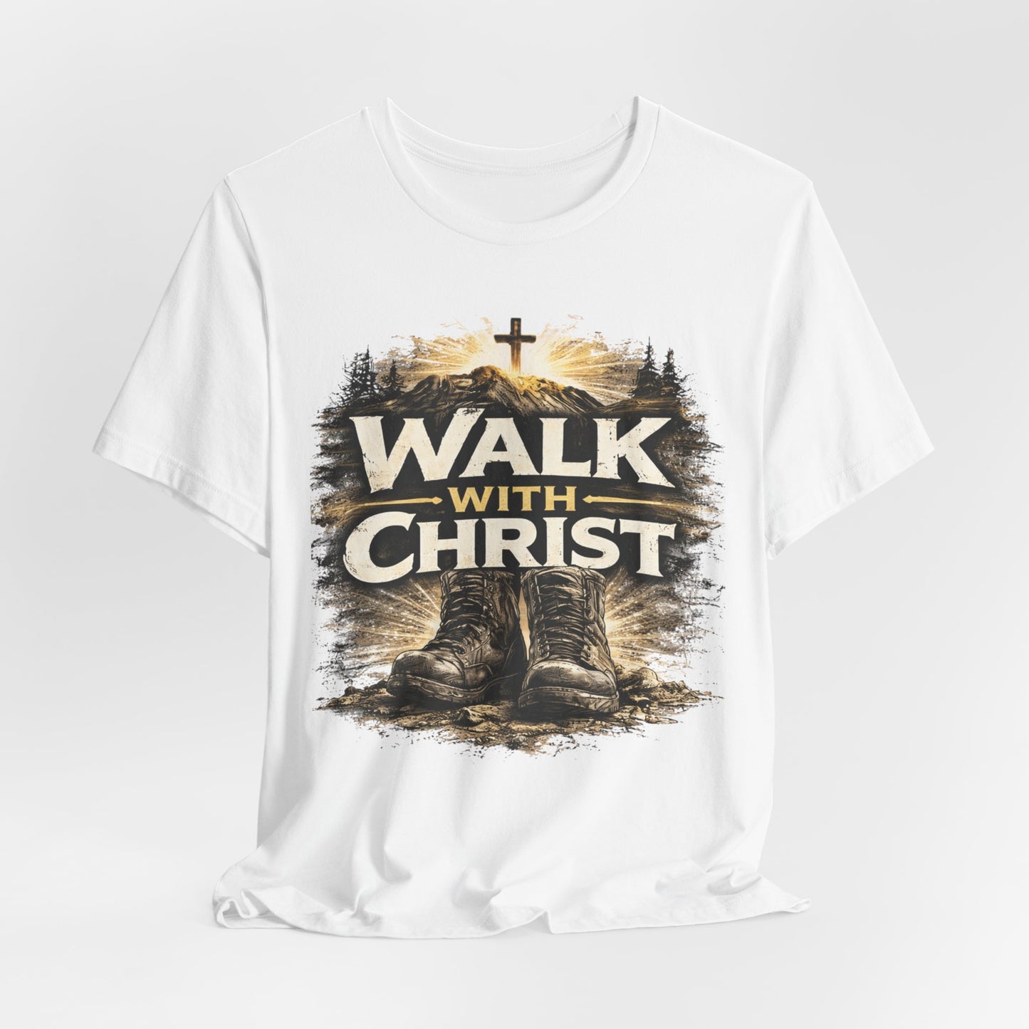 Walk With Christ T-Shirt — Christian Faith Tee with Boots & Cross Design