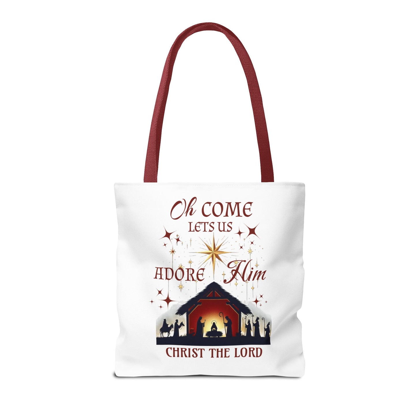 Nativity Scene Tote Bag with 'Oh come let us adore Him, Christ the Lord' Phrase