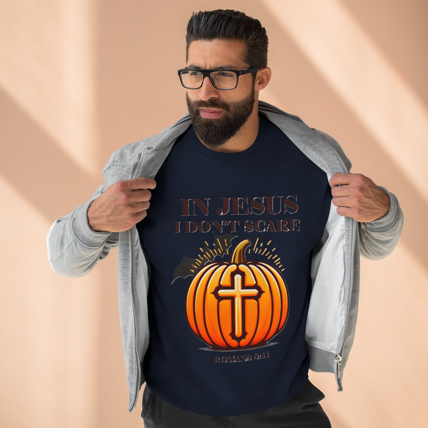 Christian Unisex Crewneck Sweatshirt with Bible Verse Romans 8:11 'IN JESUS I DON'T SCARE'