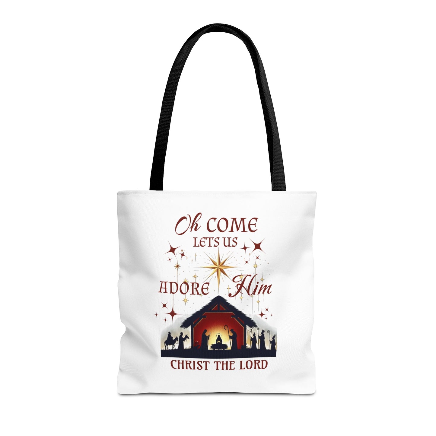 Nativity Scene Tote Bag with 'Oh come let us adore Him, Christ the Lord' Phrase