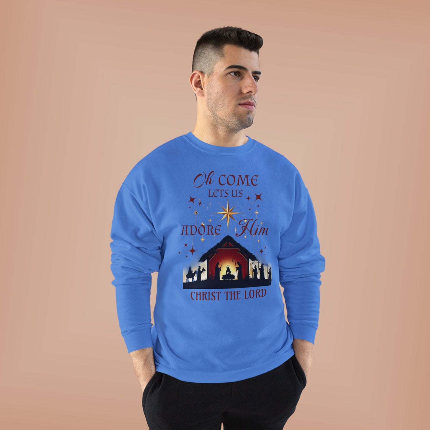 Christmas Nativity Unisex Sweatshirt with 'Oh come let us adore him, Christ the Lord' Design