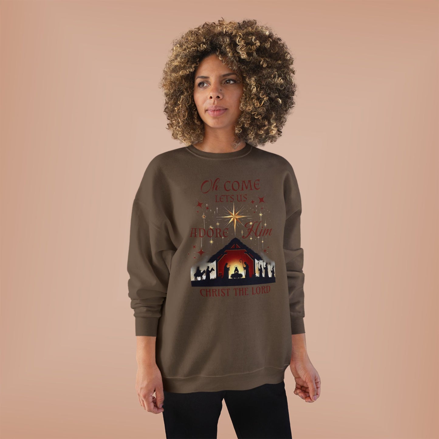 Christmas Nativity Unisex Sweatshirt with 'Oh come let us adore him, Christ the Lord' Design