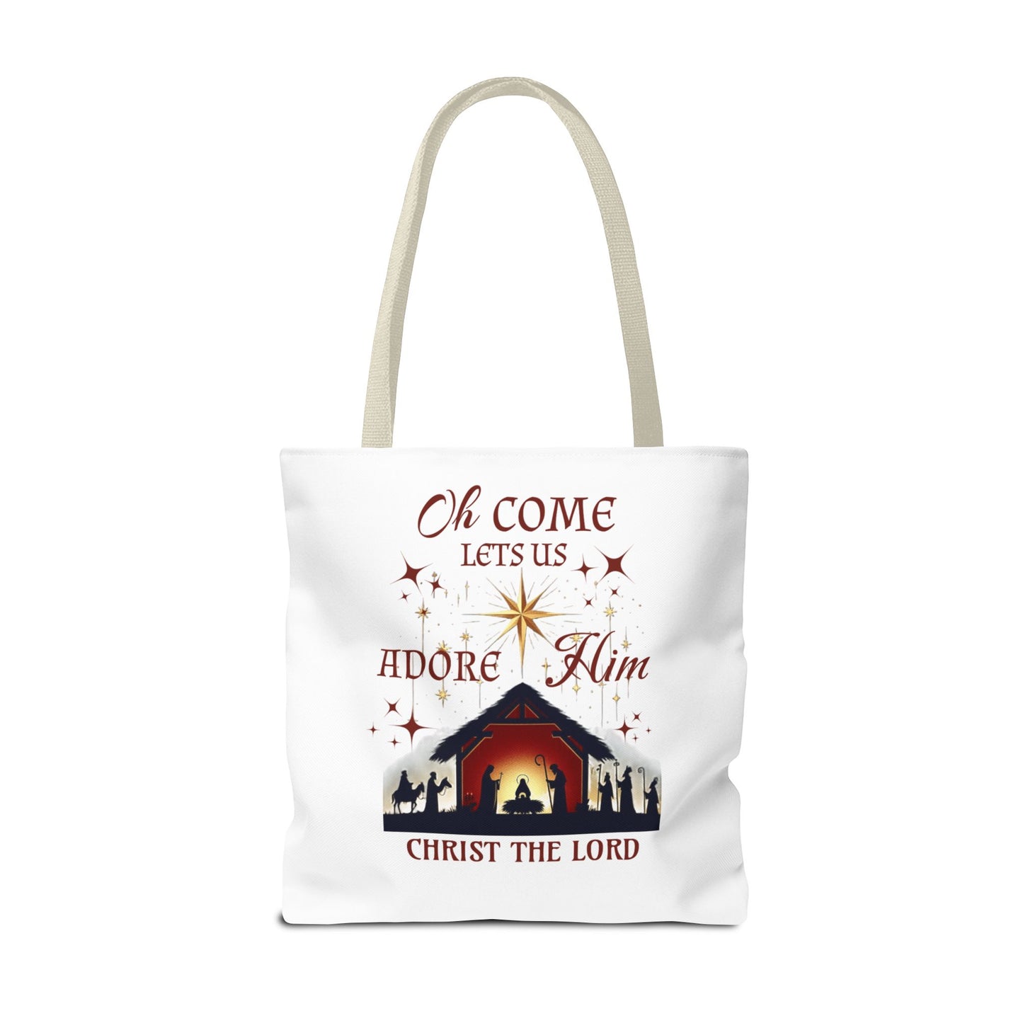 Nativity Scene Tote Bag with 'Oh come let us adore Him, Christ the Lord' Phrase