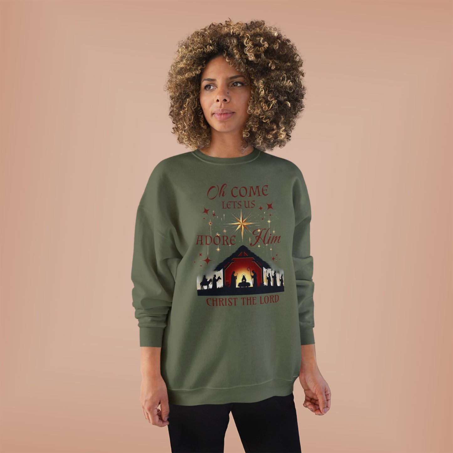 Christmas Nativity Unisex Sweatshirt with 'Oh come let us adore him, Christ the Lord' Design