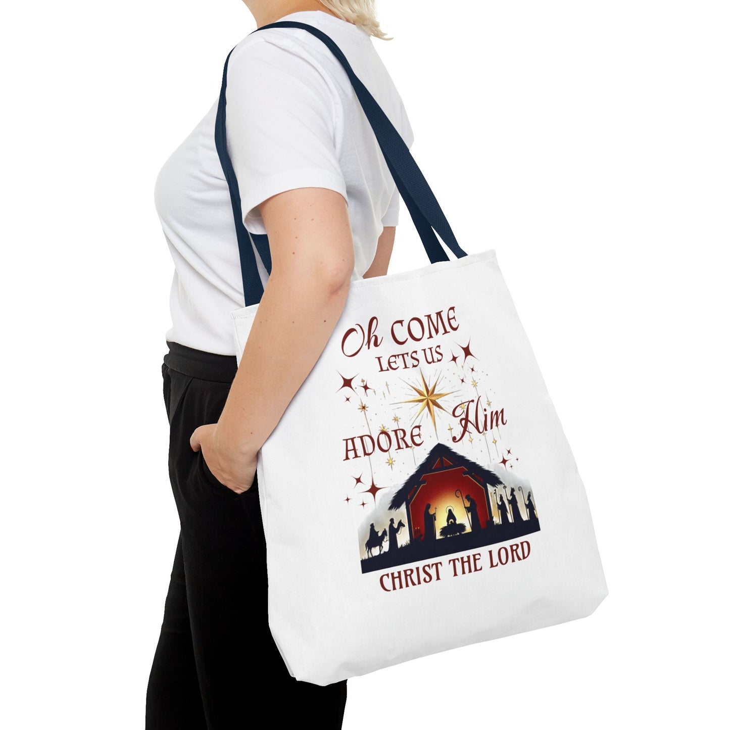 Nativity Scene Tote Bag with 'Oh come let us adore Him, Christ the Lord' Phrase