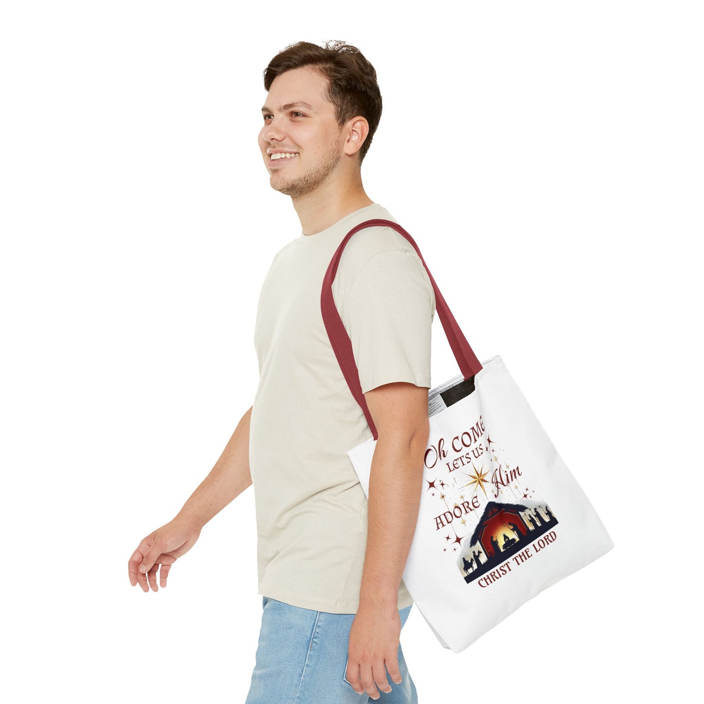 Nativity Scene Tote Bag with 'Oh come let us adore Him, Christ the Lord' Phrase