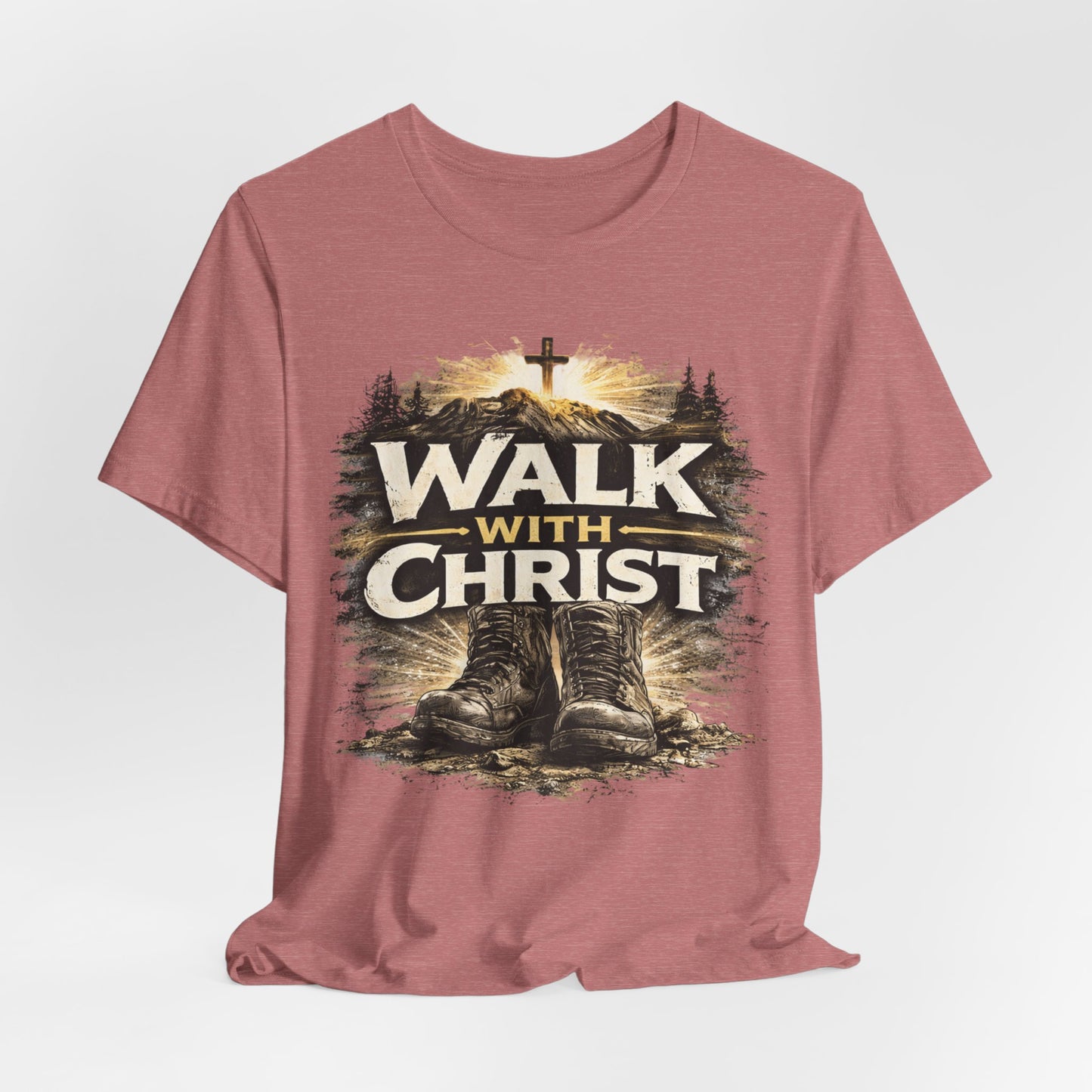 Walk With Christ T-Shirt — Christian Faith Tee with Boots & Cross Design