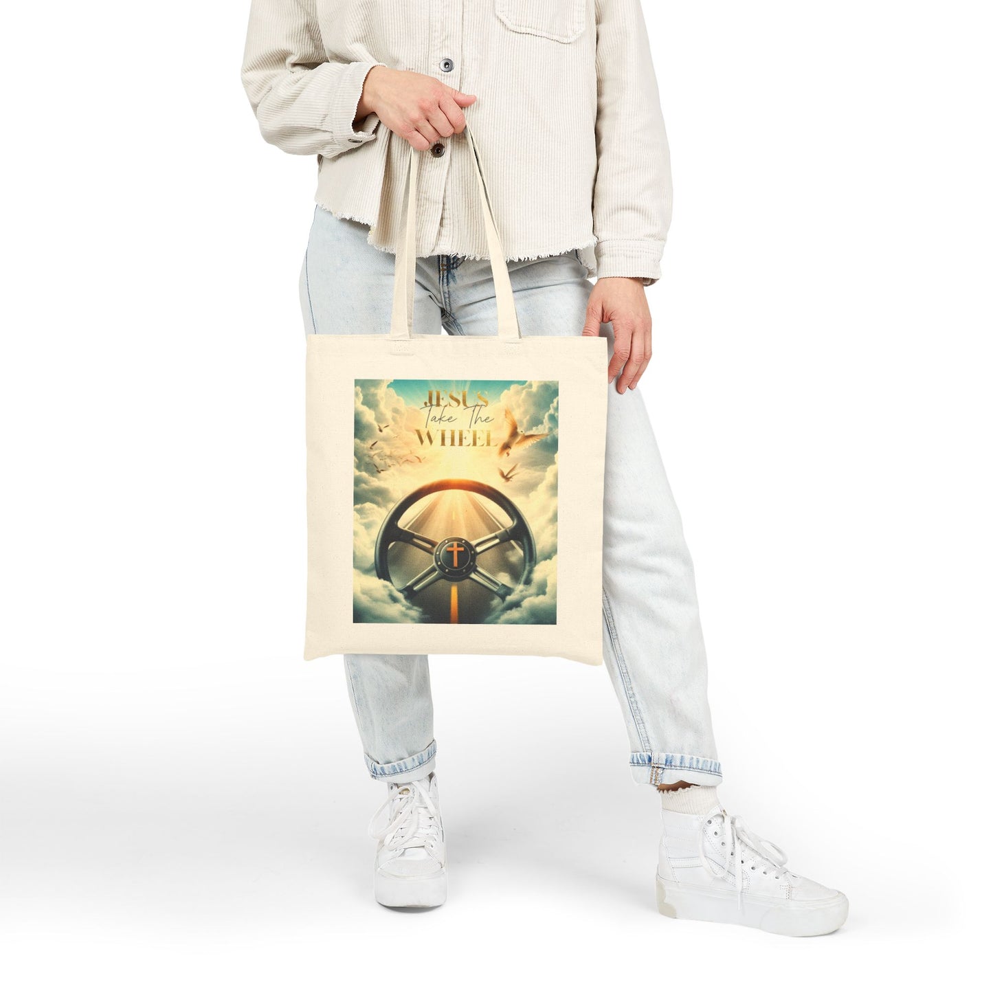 Cotton Canvas Tote Bag "Jesus take the wheel"