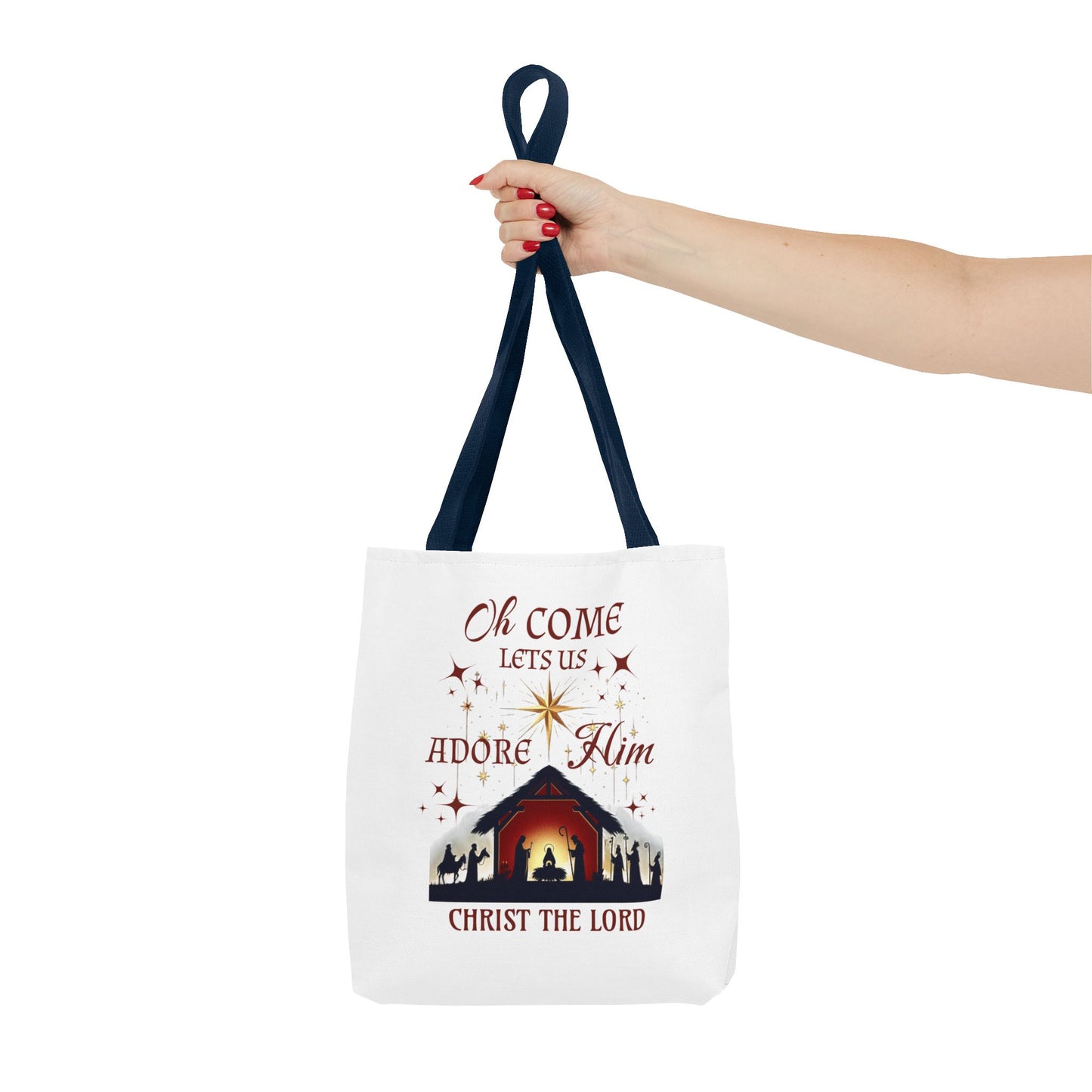 Nativity Scene Tote Bag with 'Oh come let us adore Him, Christ the Lord' Phrase