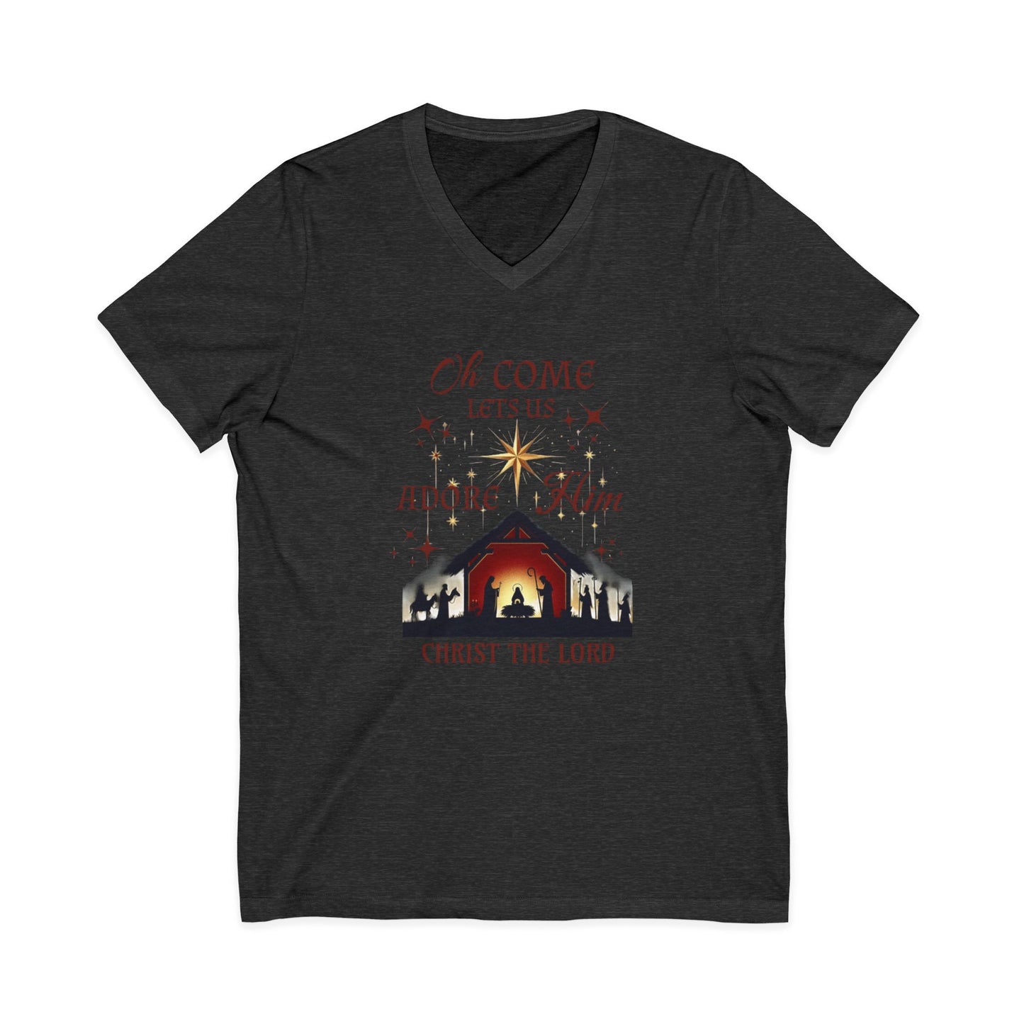 V-Neck Tee Nativity Scene 'Oh come let us adore Him, Christ the Lord'