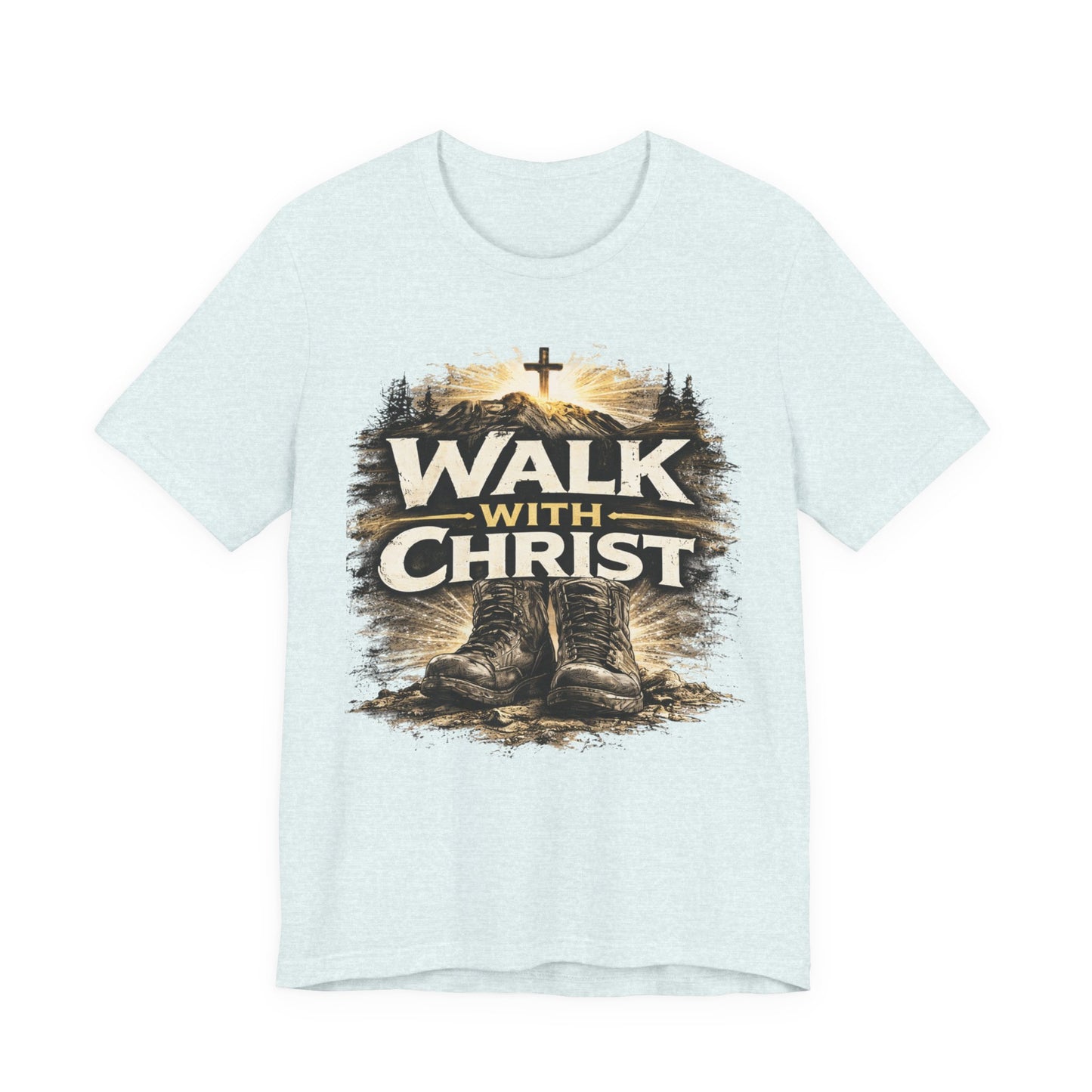 Walk With Christ T-Shirt — Christian Faith Tee with Boots & Cross Design