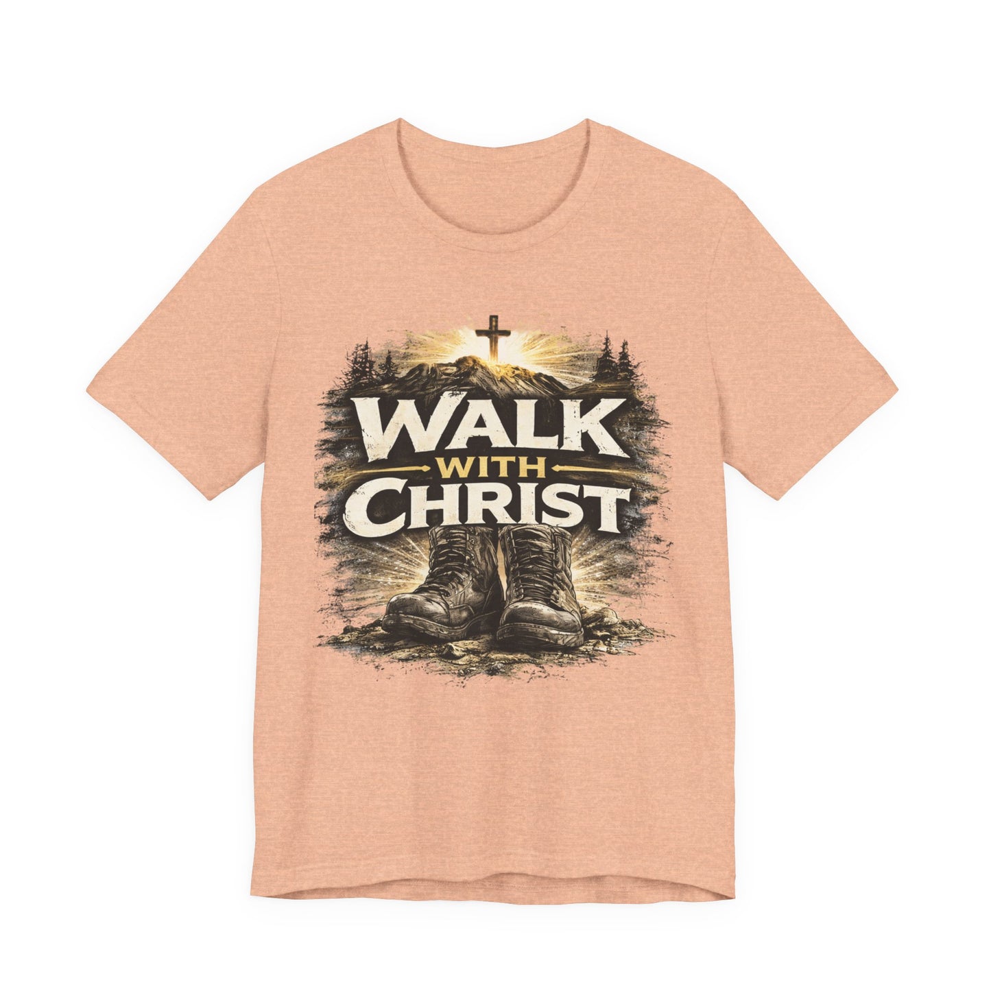 Walk With Christ T-Shirt — Christian Faith Tee with Boots & Cross Design