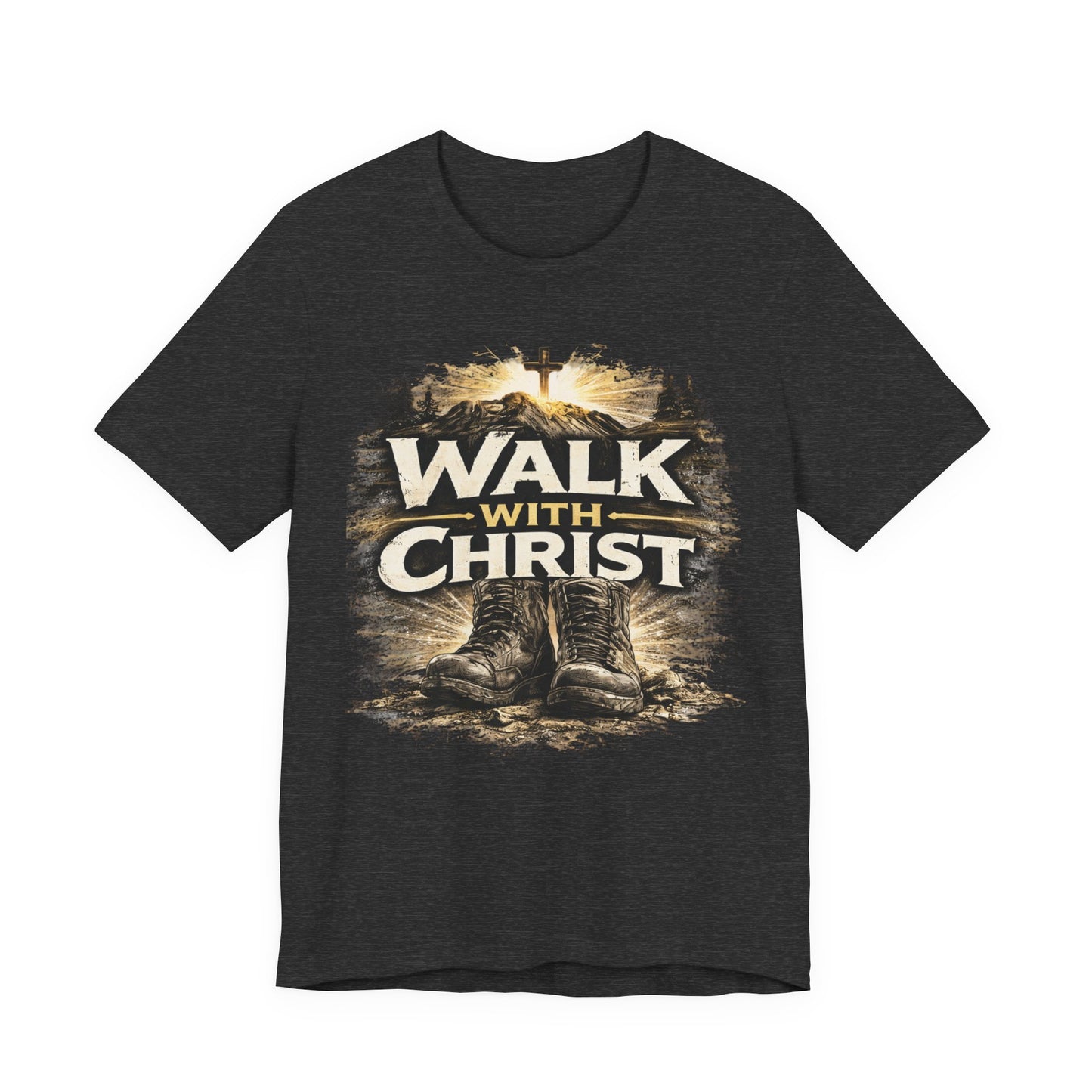 Walk With Christ T-Shirt — Christian Faith Tee with Boots & Cross Design