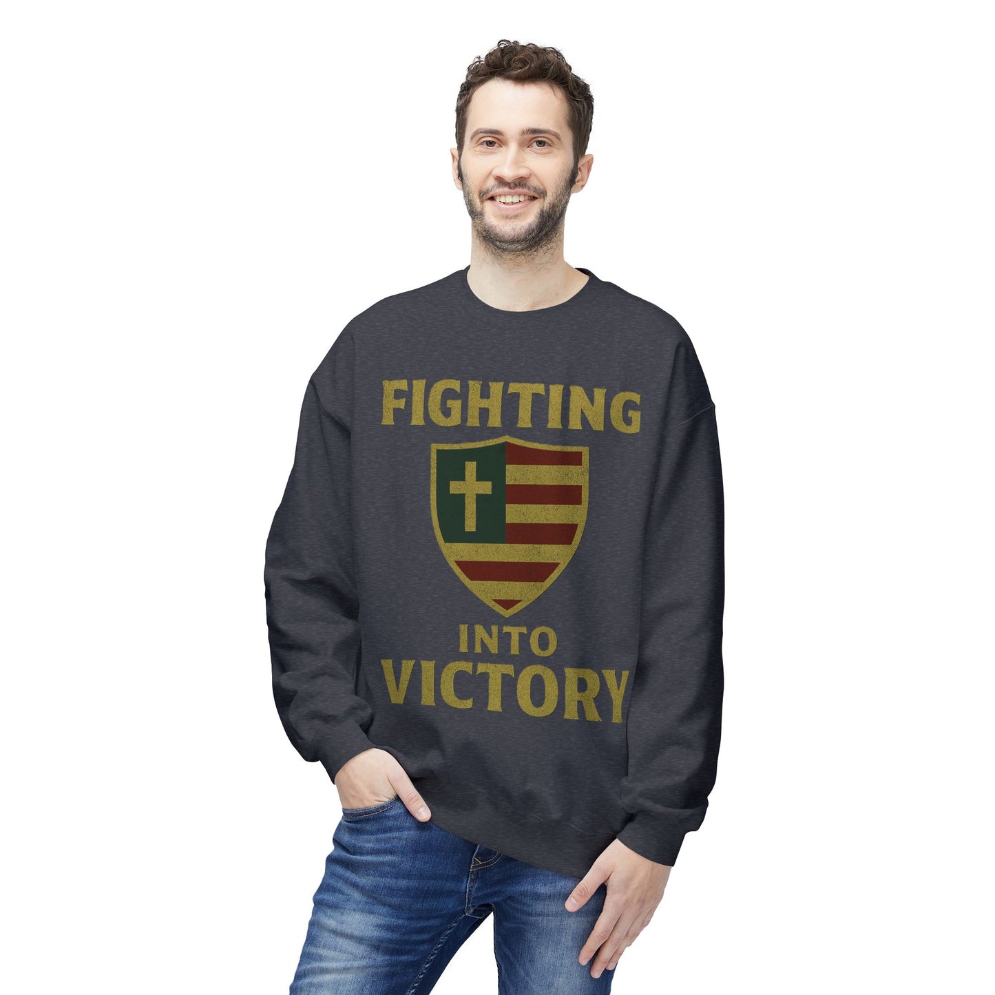 Christian Cross Shield Sweatshirt - Fighting into Victory