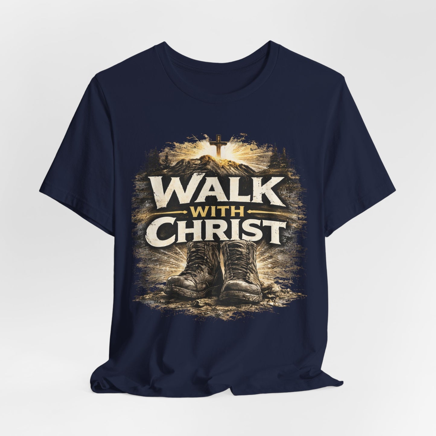 Walk With Christ T-Shirt — Christian Faith Tee with Boots & Cross Design
